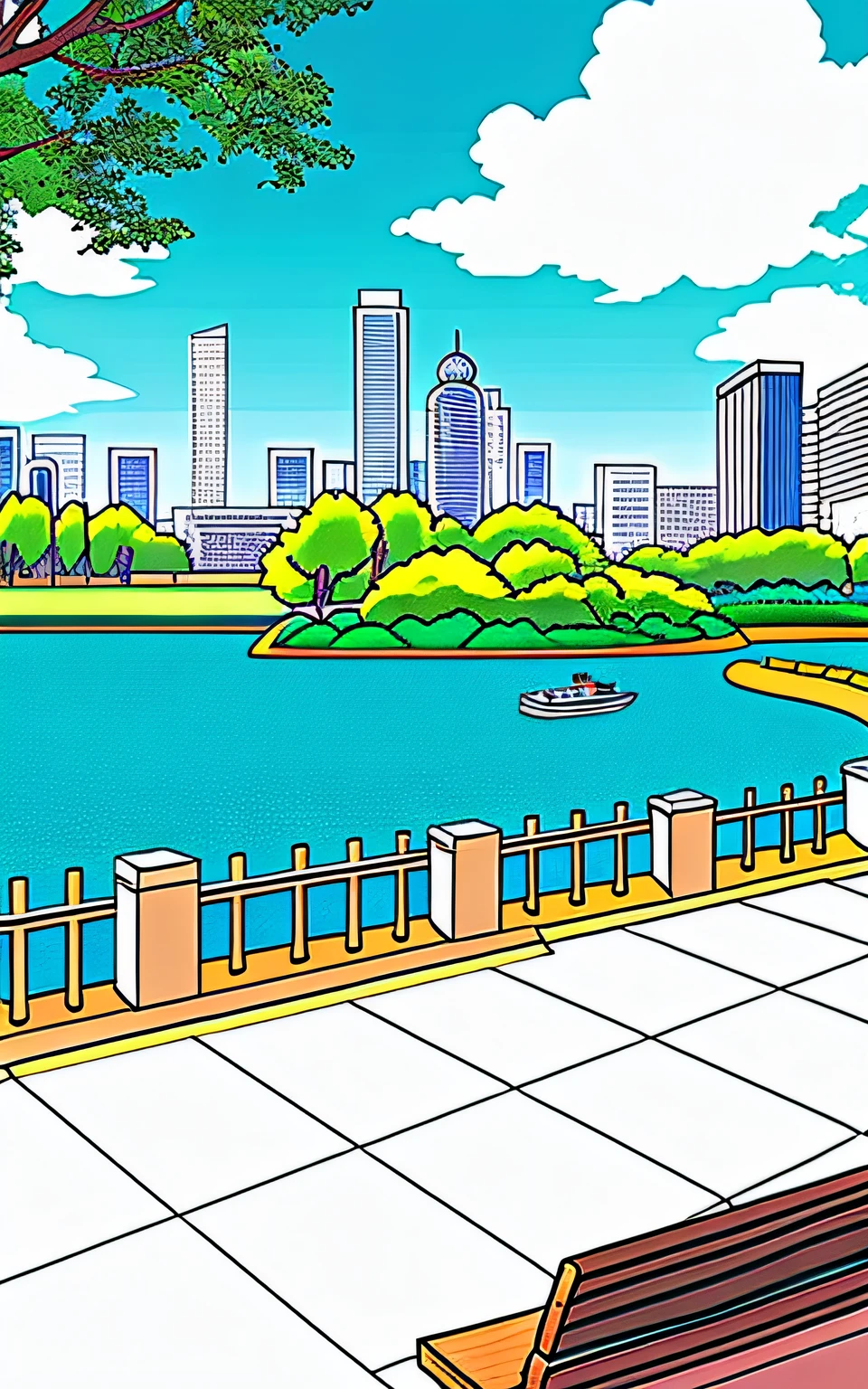 Park by the lake with benches and benches city park coloring page, full page illustration, line art illustration, detailed 2D illustration, Shinkai Makoto anime city line illustration, highly detailed illustration, sketch illustration, coloring book outline, line art, full page illustration, coloring - in worksheet, line sketch, highly detailed illustration.