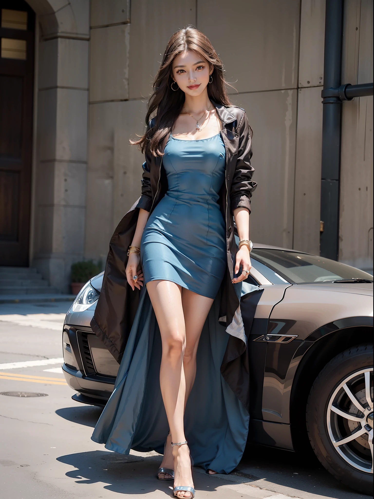 (Female: 1.2), (slim figure), (smile), (5 thumbs), (big breasts: 1.2), (dark brown hair color), (brown eyes), (long hair mullet head), (blue cool dress short dress), (top jacket), (ring finger diamond ring), (mid-heeled shoes), (bracelet), masterpiece, realism