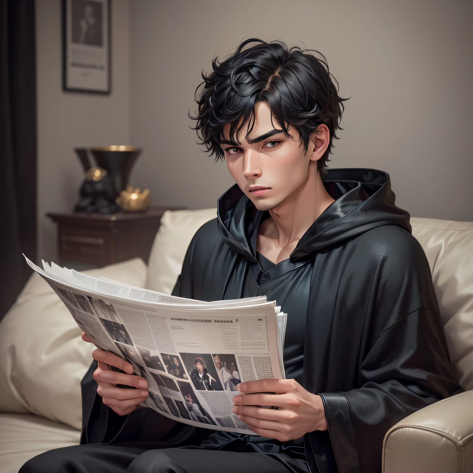 (A young man sitting on the bedroom couch in a luxurious black robe: 1.5), (holding a newspaper: 1.8), (single boy: 1.7), (face closeup, anger: 1.8), (masterpiece, best quality: 1.5).