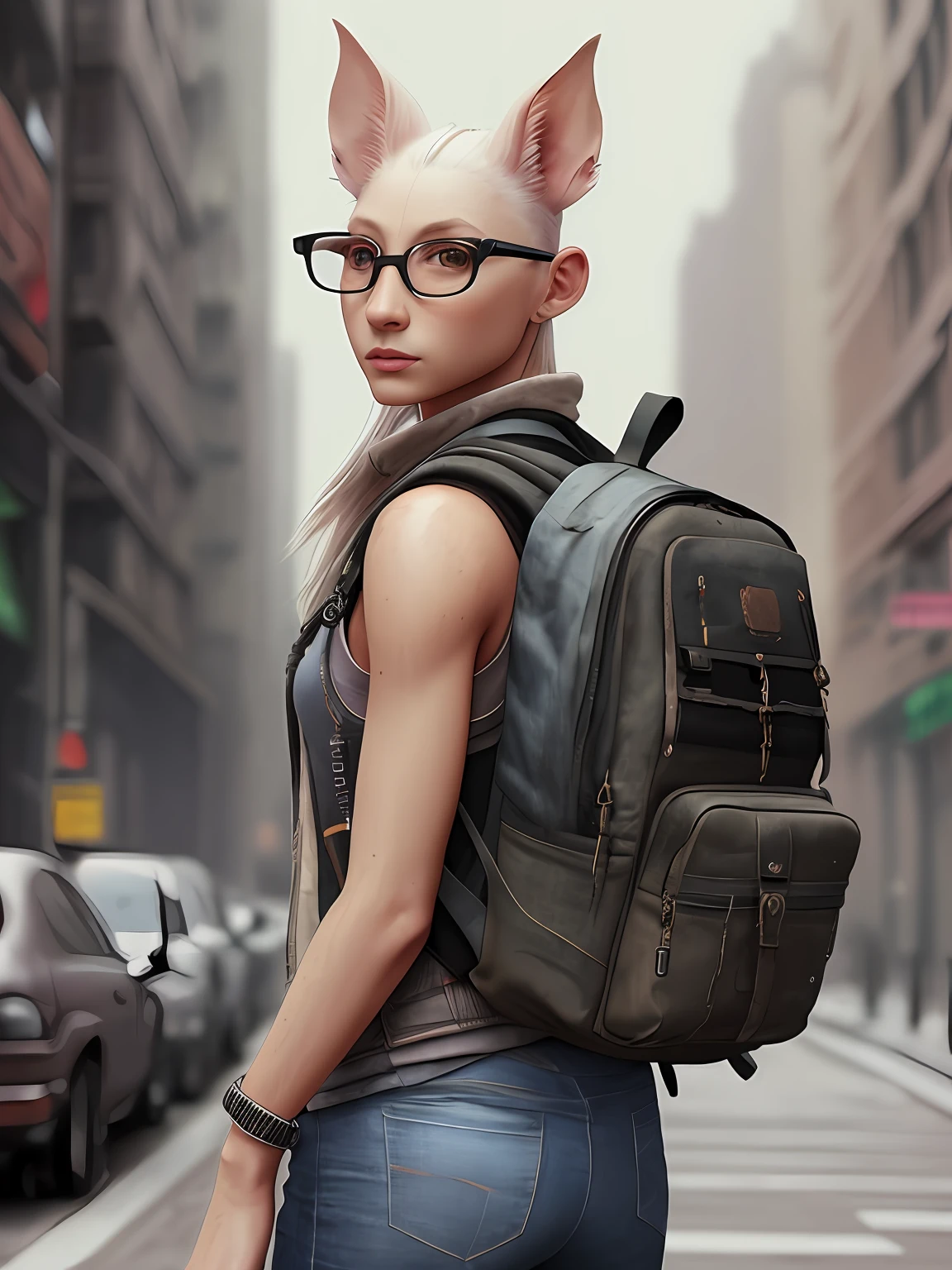 Skinny Pig, Street Rage, Backpack, Epic Realism, Photos, Faded, Something Complicated Around, Complex Background, Wet, Neutral Colors, (((muted colors))))), Complex scenes, ArtStation, Intricate Details, Vignette