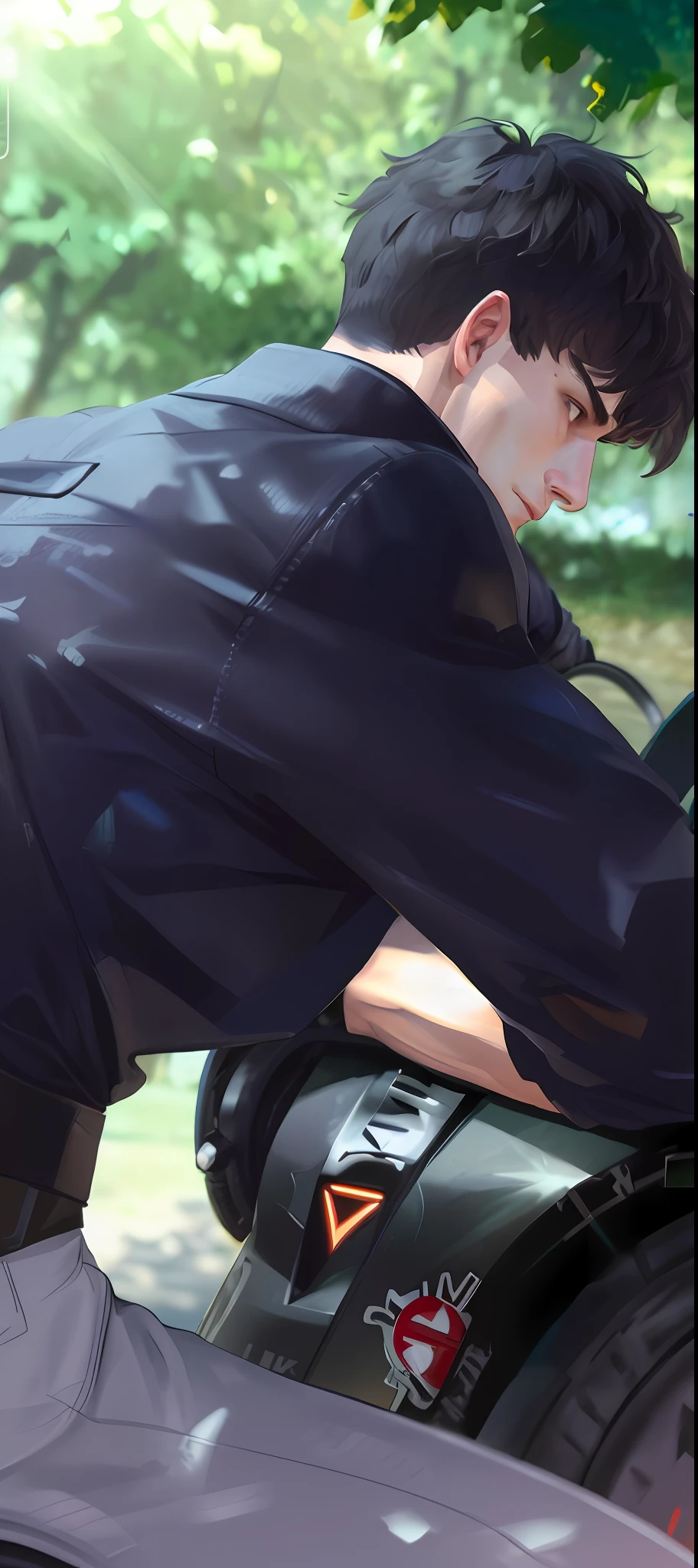 Male (1.2), (bodybuilding 0.6), lying on a motorcycle, realistic, masterpiece, 8k