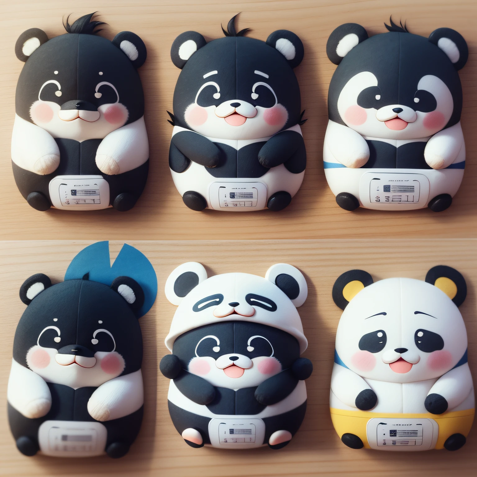 a drawing for the panda daily timetable stickers, in the style of hallyu, morikei, duckcore, plush doll art, exaggerated poses[happy, angry, sad, cry, cute, expectinglaughing, disappointed], light white and blue, --ar 3:4 --niii 5 --auto --s2
