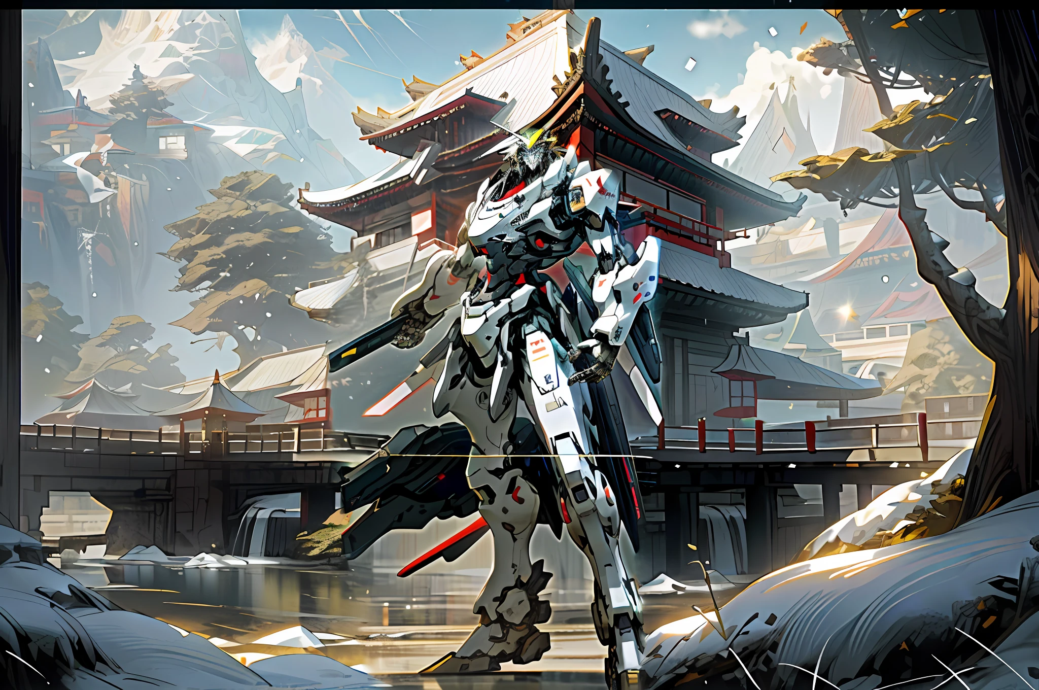 holding_weapon,no_humans,发光,机器人,glowing_eyes,mecha,mecha,full body