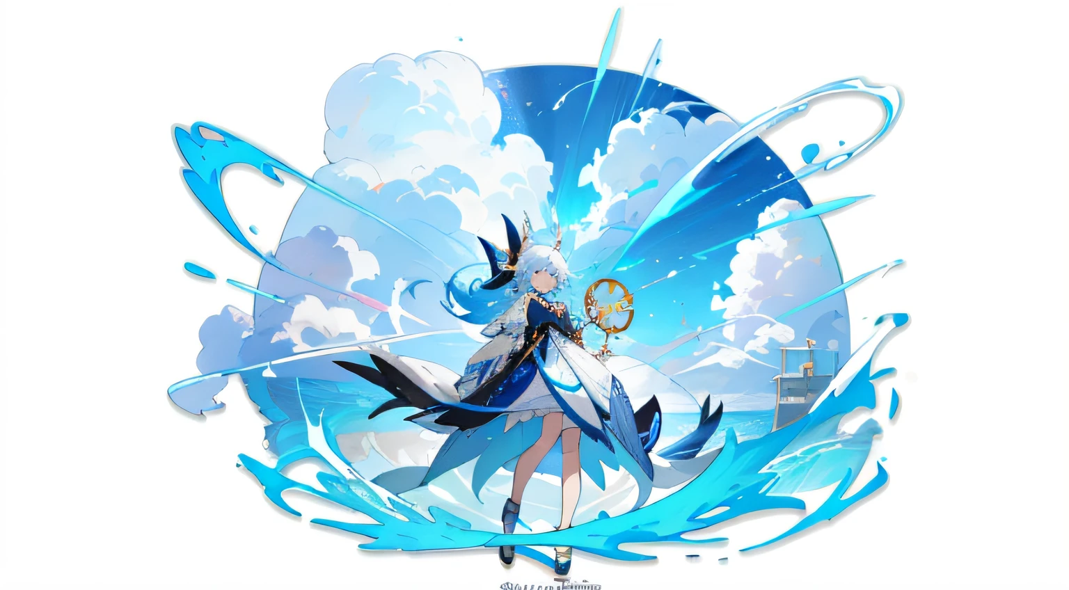 anime girl in a white dress and blue hair walking in the sky, onmyoji, cushart krenz key art feminine, azur lane style, official anime artwork, official artwork, anime full body illustration, white haired deity, cloud goddess, anime goddess, full portrait of elementalist, onmyoji detailed art, splash art anime loli