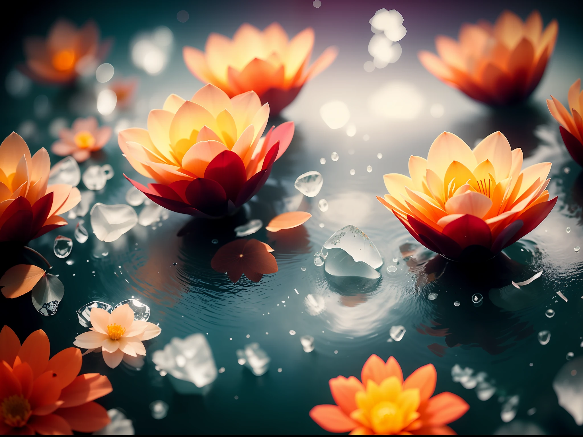 a bunch of flowers that are floating in the water, 
fade, slate gray, orange color lookup, (teal and orange:0.7),  cinematic colors, vignette, lowkey, glowing, dark depth of field