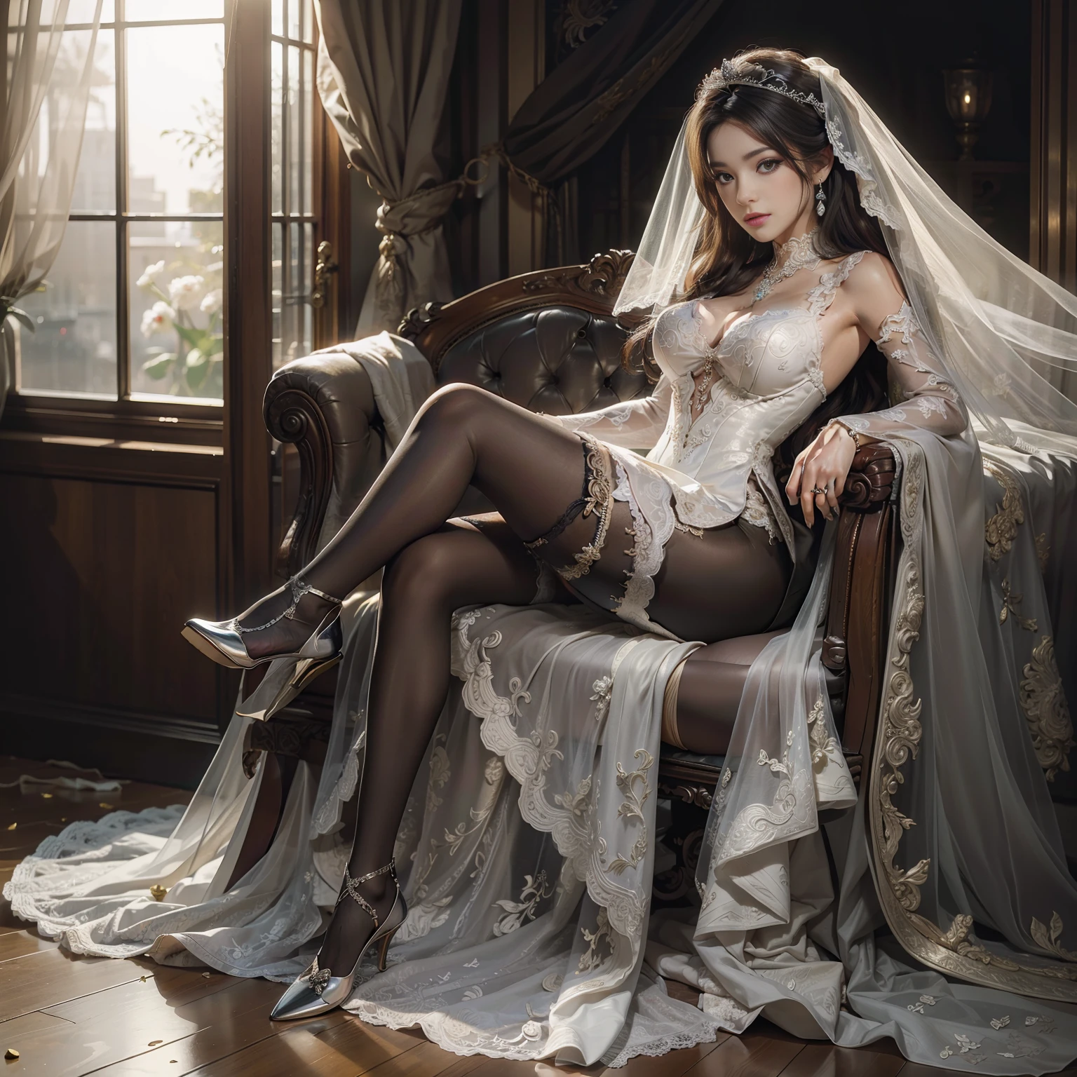 Best quality, masterpiece, super high resolution, 1 girl, mature girl, beautiful_face, detailed skin, full body, stockings, wedding dress, realistic, beautiful lighting --auto --s2
