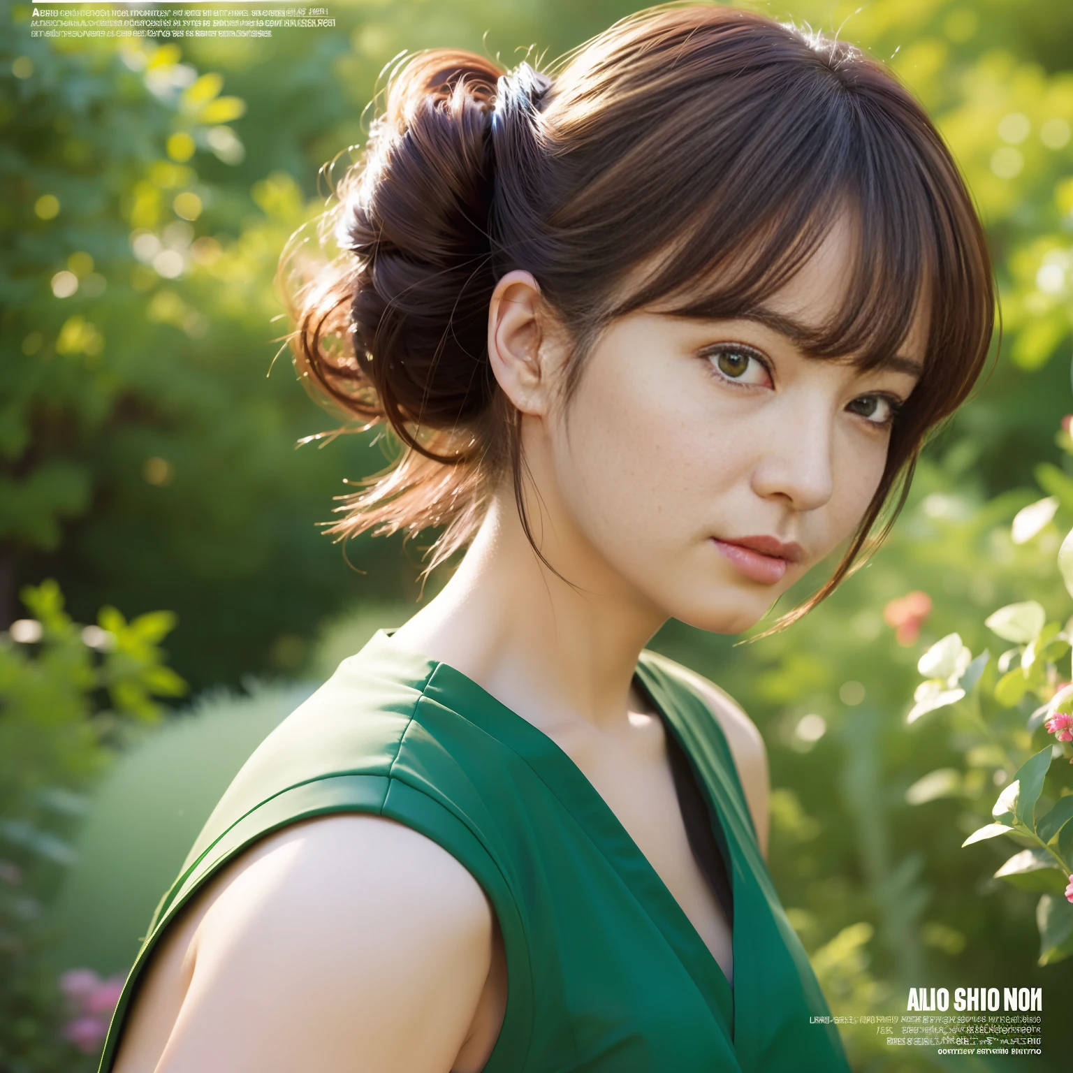 a Girl garden background, Cinematic, hyperrealistic, Rumiko Takahashi, Portrait shot with sunlight, Realistic anime style, Wide-angle view, soft lights, Tilt-Shift, magazine cover, NIKON, half updo ,4K