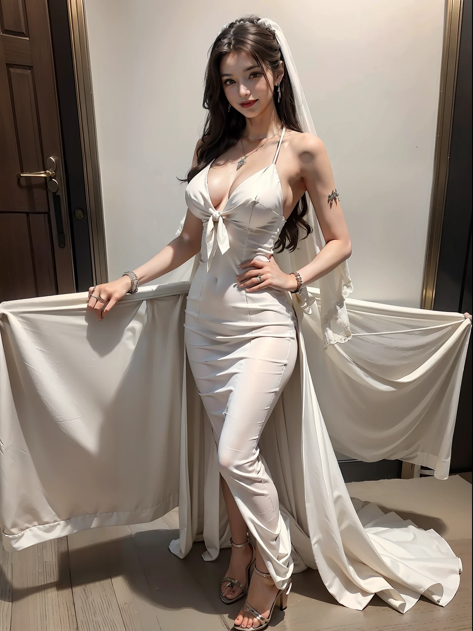 (Female: 1.2), (slim figure), (smile), (5 thumbs), (Big breasts: 1.2), (dark brown hair color), (brown eyes), (mullet head tie), (White sexy wedding dress), (ring finger diamond ring), (Mercury heels), (necklace), (bracelet), bridal shop, masterpiece, realism