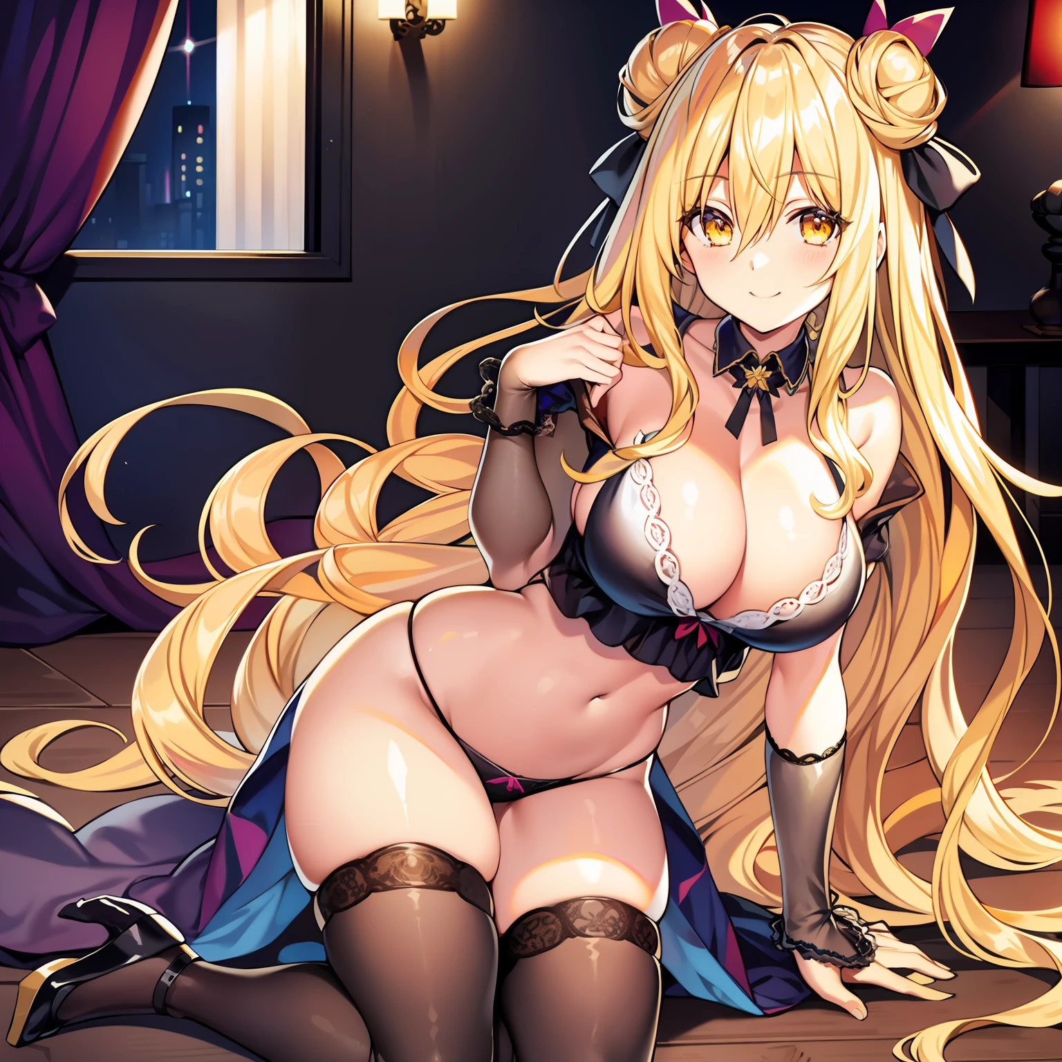 (lora:mukuro:0.6), (masterpiece:1.2), (best_quality:1.2), (large_breasts:1.2), looking at viewer, 1girl, solo, yellow_eyes, blonde_hair, double_bun, hair between eyes, very long hair, black bra, black thighhighs, thong, underwear_only, beach, smile