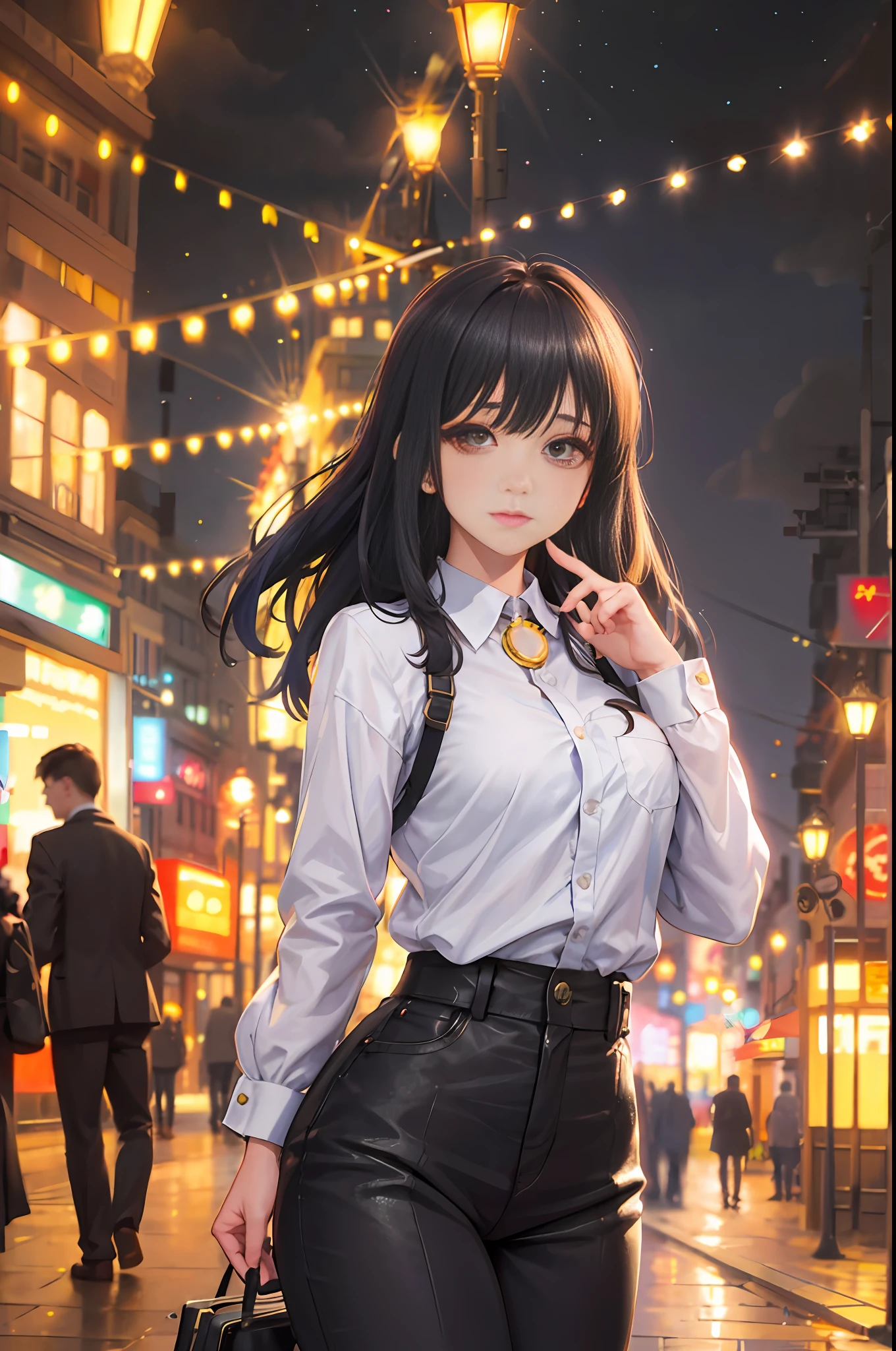 bustling street background, halfbody shot,1 girl, black hair,bangs,(depth of field, street lamps,background blur, bokeh: 1.2),princess eyes,