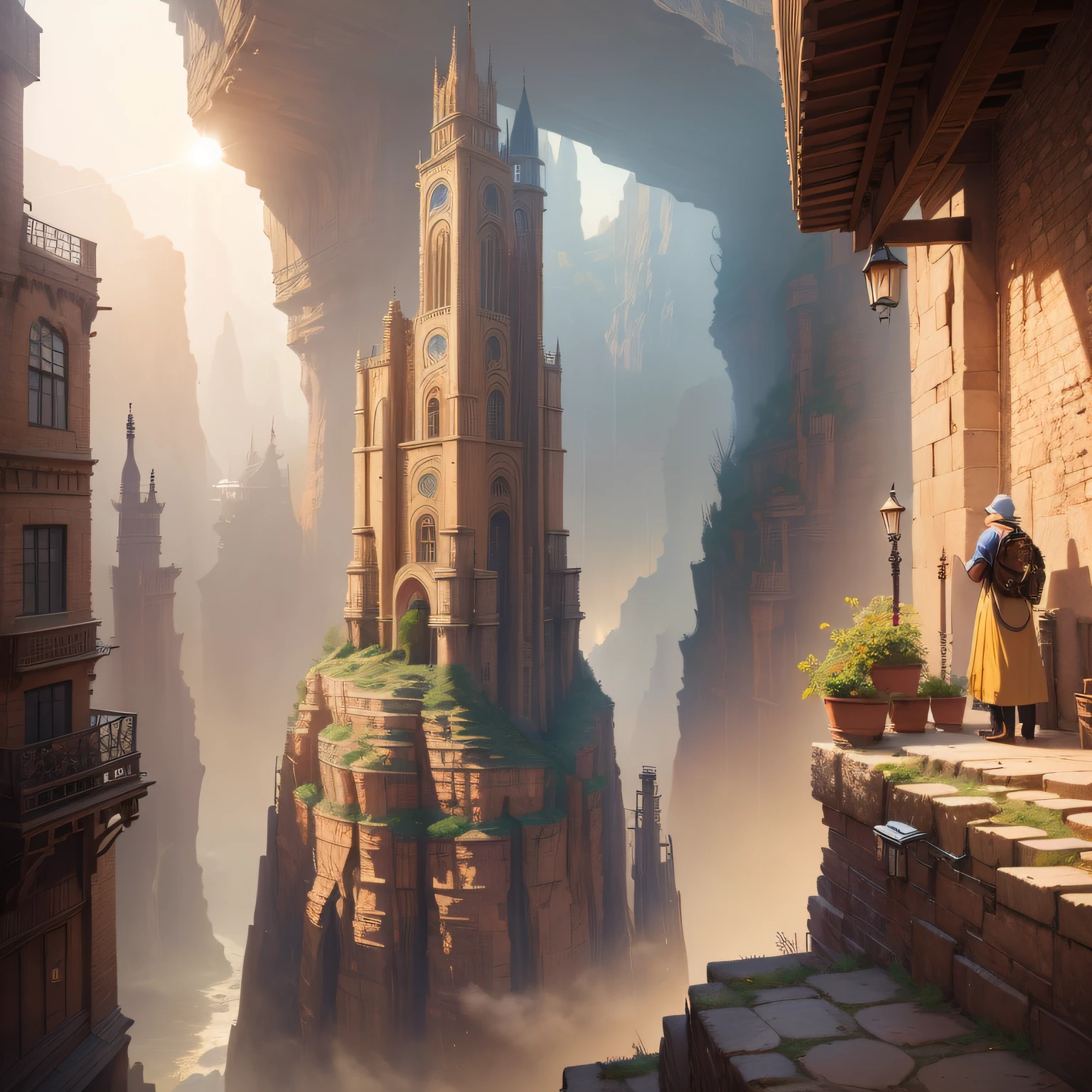 ((masterpiece)),((best quality)),((high detail)),((realistically,)) Industrial Age city, deep canyons in the middle, architectural streets, bazaars, bridges, rainy days, steampunk, European architecture, sun glare, haze