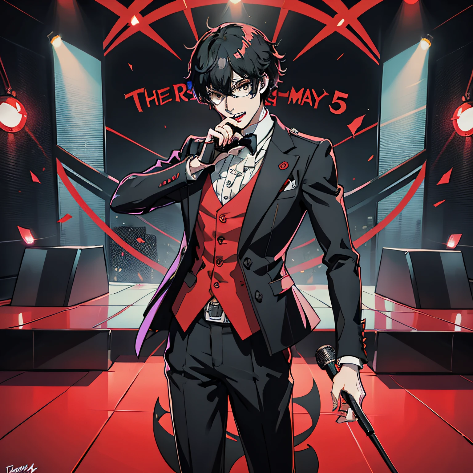 CG rendering of Joker from Persona 5 singing on a grand stage, wearing his signature phantom thief mask, with vibrant stage lighting that perfectly accentuates his electric performance!, 1boy, in his phantom thief clothes, black suit, red cloves, black eyes, holding a microphone, arsene behind joker