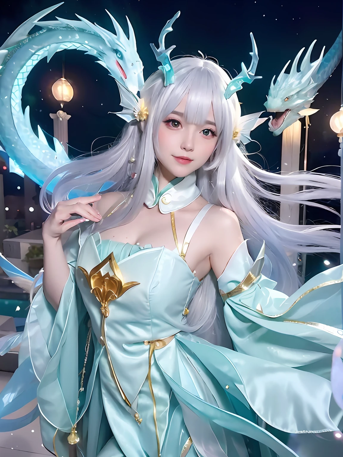 An image in anime style, a woman in a blue dress and a dragon headgear, a dragon, a white-haired god, a full body fairy, dragon girl portrait,