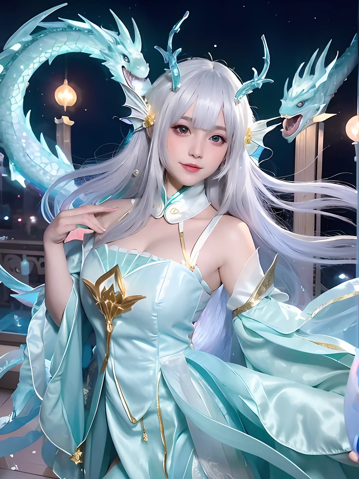 An image in anime style, a woman in a blue dress and a dragon headgear, a dragon, a white-haired god, a full body fairy, dragon girl portrait,