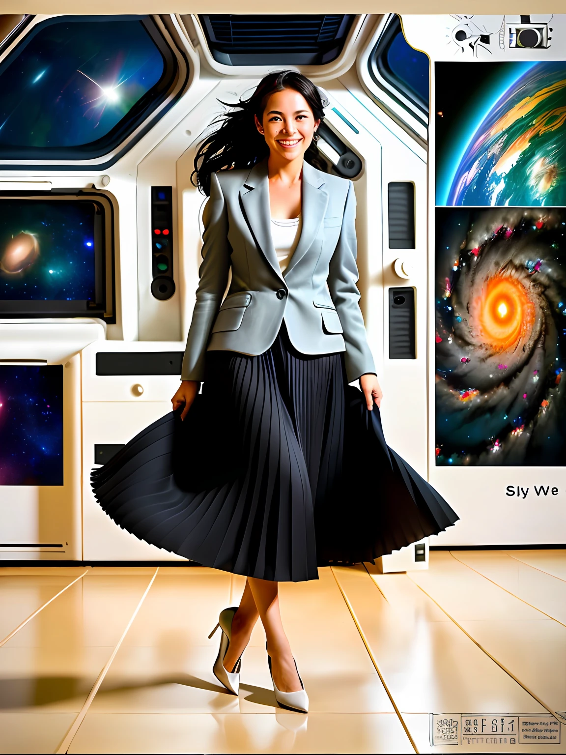 35mm f1.4 Kodak portra 400 photograph, extremely high quality RAW photograph, a woman is playing with her skirt (in a flirting manner:1.3) on space station, (shy) authentic (kind and tender) lesbian woman wearing a short blazer with a very very detailed (long (fully pleated) full circle skirt) and (simple) low heeled office shoes, very very intricate hyper-detailed symmetric (attractive graceful young feminine face) with (sad, tired) eyes and a (flirty smile:1.3), full of empathy and compassion and love, (pronounced feminine features:1,3), big boobs, (highly detailed ultra accurate realistic) hands and fingers, ((windy conditions and wind blowing)), epic composition, highly detailed attributes, highly detailed atmosphere, detailed background, intricate, Exquisite details and textures, highly detailed, deep space station secret operations active background