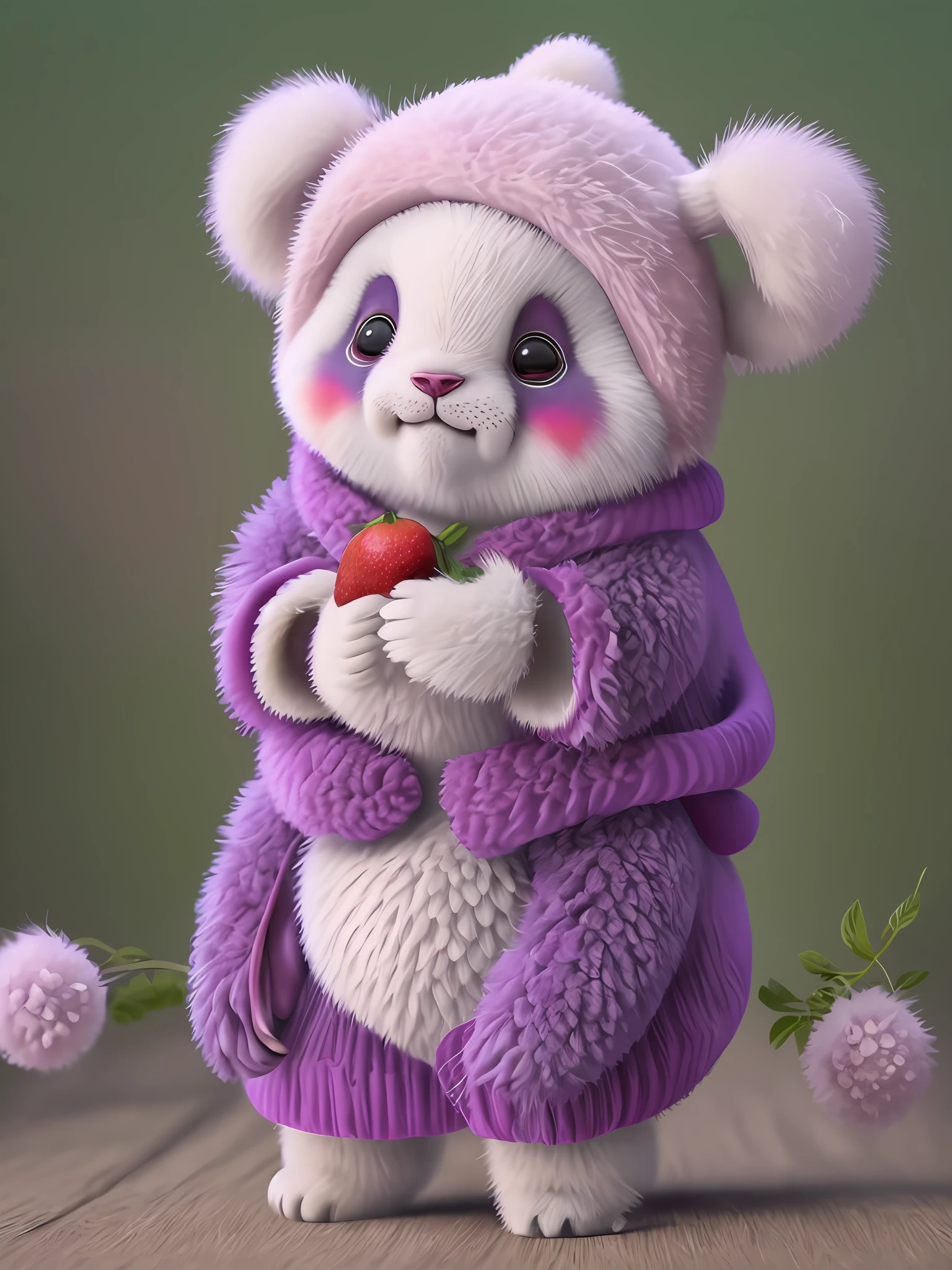 Panda, realistic, furry, clothed animal, plum, dark circles, blush, blueberry, food, fruit, full body, hat, non-human, strawberry, tomato, mango --auto --s2