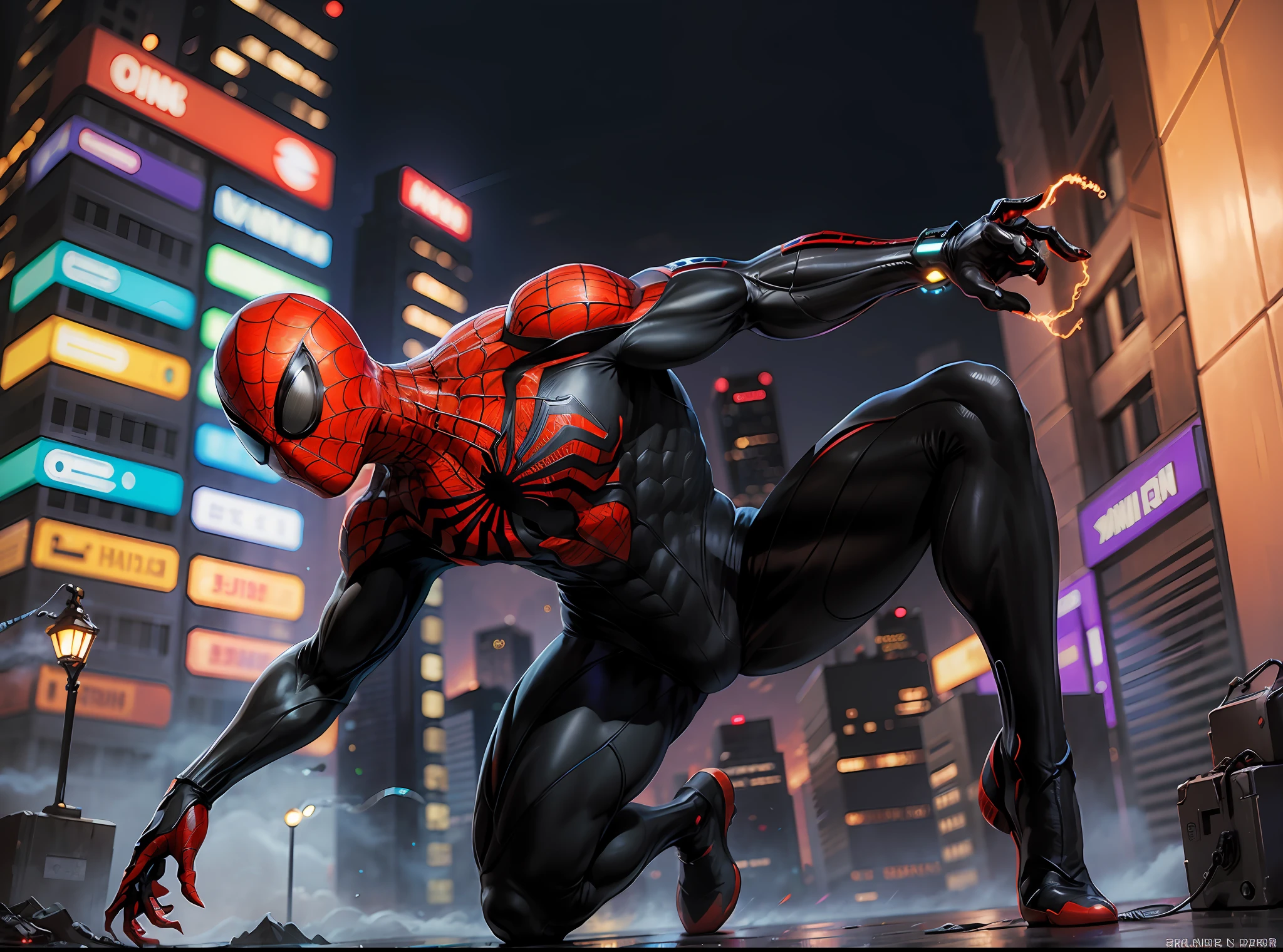 Spiderman, full face covered, symbiote, scared, cyberpunk city background, octane render, bioluminescent,8K resolution concept art, realism,by Mappa studios,masterpiece,best quality,official art,illustration,ligne claire,(cool_color),perfect composition,absurdres, tall body, super hero landing pose, (cyberpunk city background), spider man symbiote suit,close shot, spider man focus, full body,neon light, detailed background, colorful neon light