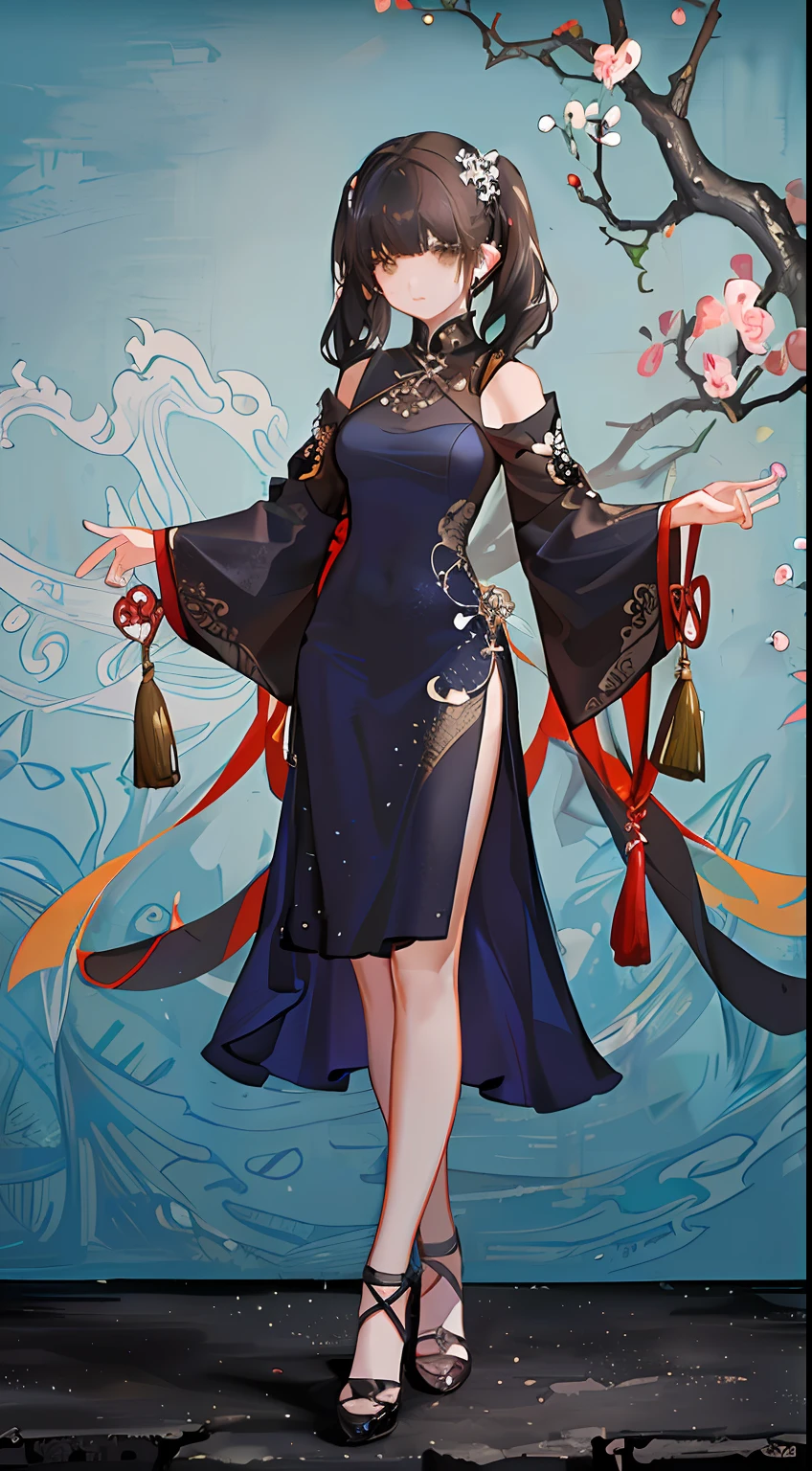 girl,full body,(detailed face:1.2), masterpiece, fashion,chinese dress,, medium hair, black hair, twintails, blunt bangs, brown eyes,