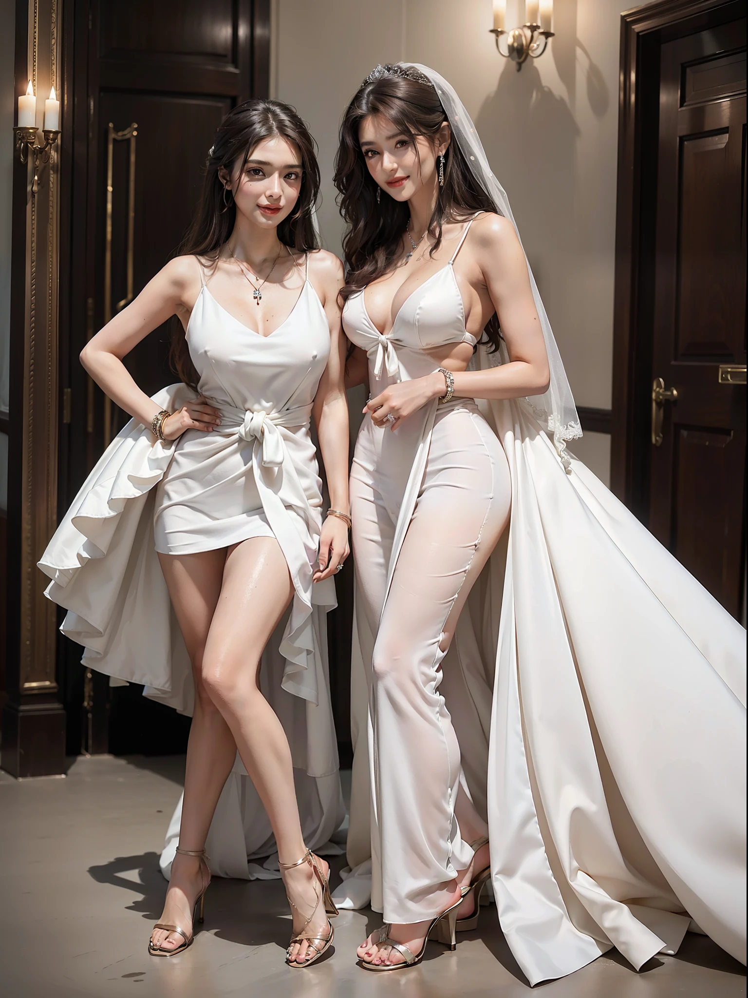 (Female: 1.2), (slim figure), (smile), (5 thumbs), (Big breasts: 1.2), (dark brown hair color), (brown eyes), (mullet head tie), (White sexy wedding dress), (ring finger diamond ring), (Mercury heels), (necklace), (bracelet), bridal shop, masterpiece, realism