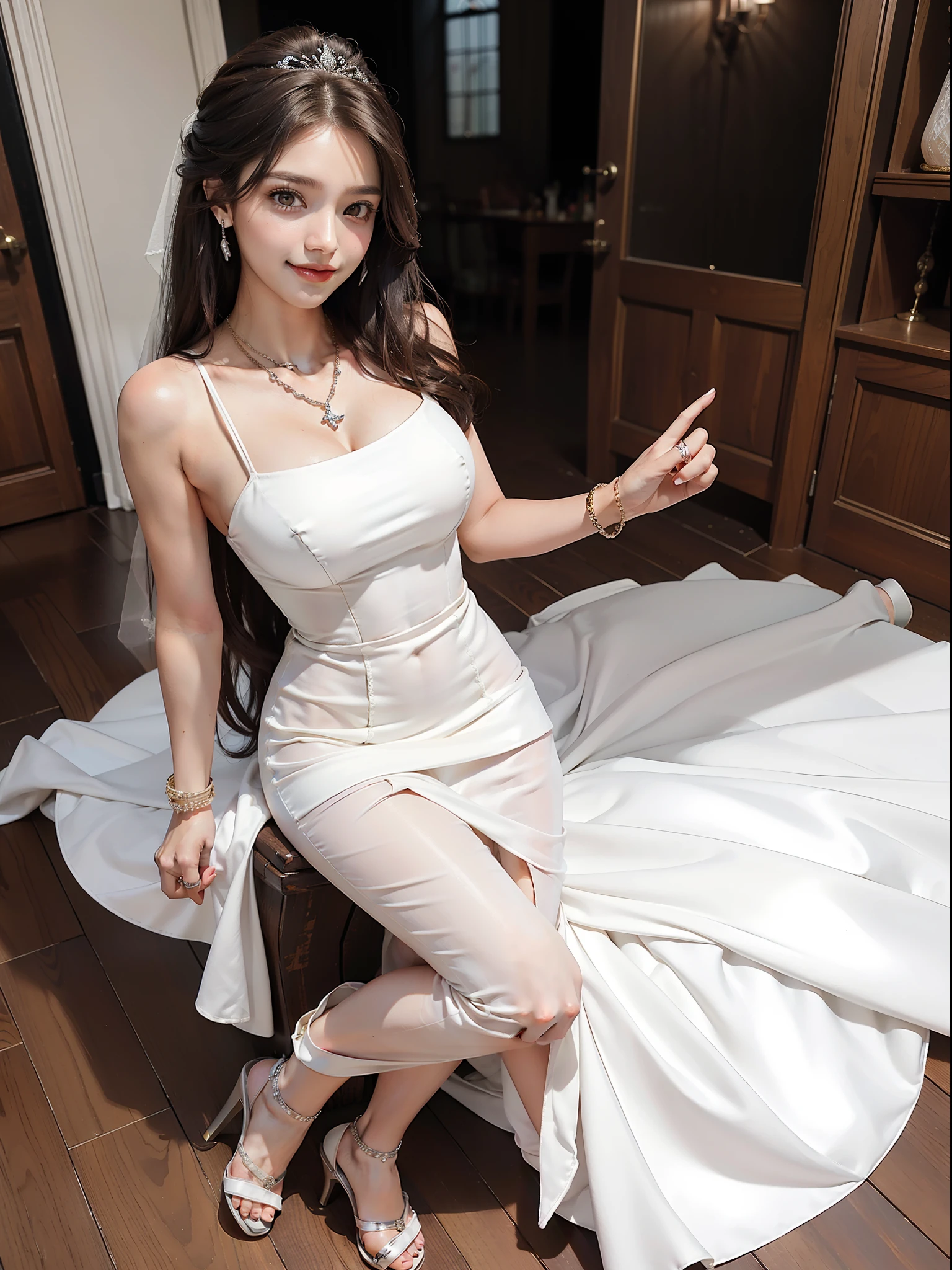 (Female: 1.2), (slim figure), (smile), (5 thumbs), (Big breasts: 1.2), (dark brown hair color), (brown eyes), (mullet head tie), (White sexy wedding dress), (ring finger diamond ring), (Mercury heels), (necklace), (bracelet), bridal shop, masterpiece, realism