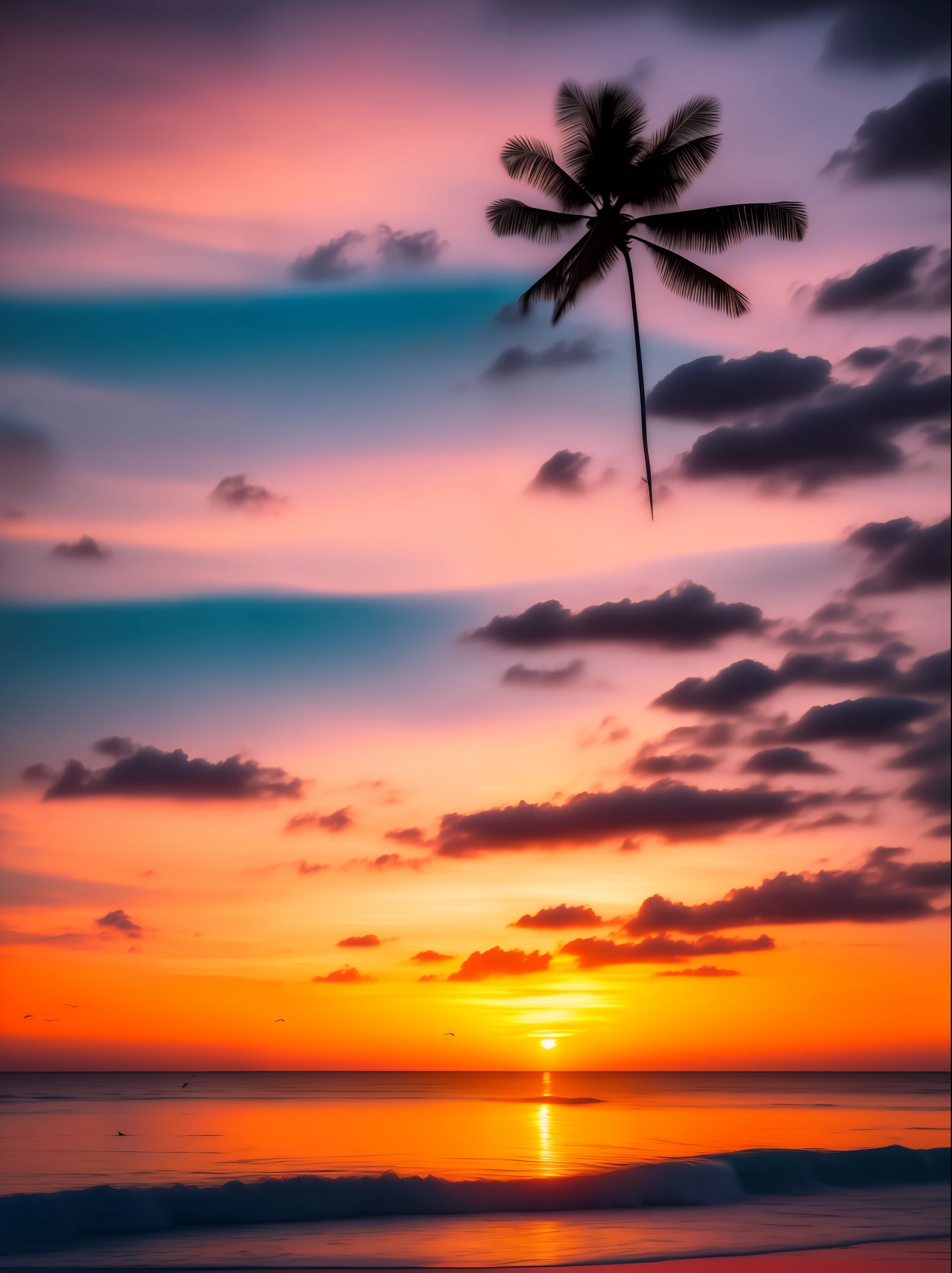 An absolutely mesmerizing sunset over the beach, with a blend of oranges, pinks, and yellows filling the sky. Crystal-clear waters of the sea gently kissing the shore, with sandy white beach stretching far and wide. The scene is dynamic and breathtaking, with seagulls soaring high in the sky and gently swaying palm trees. Take in the calming atmosphere and let the peacefulness wash over you.