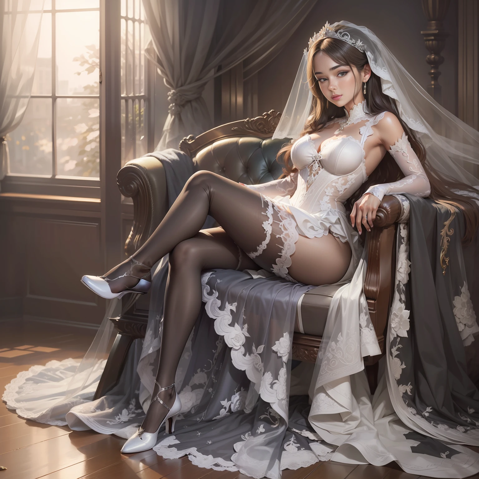 Best quality, masterpiece, super high resolution, 1 girl, mature girl, beautiful_face, detailed skin, full body, stockings, wedding dress, realistic, beautiful lighting --auto --s2
