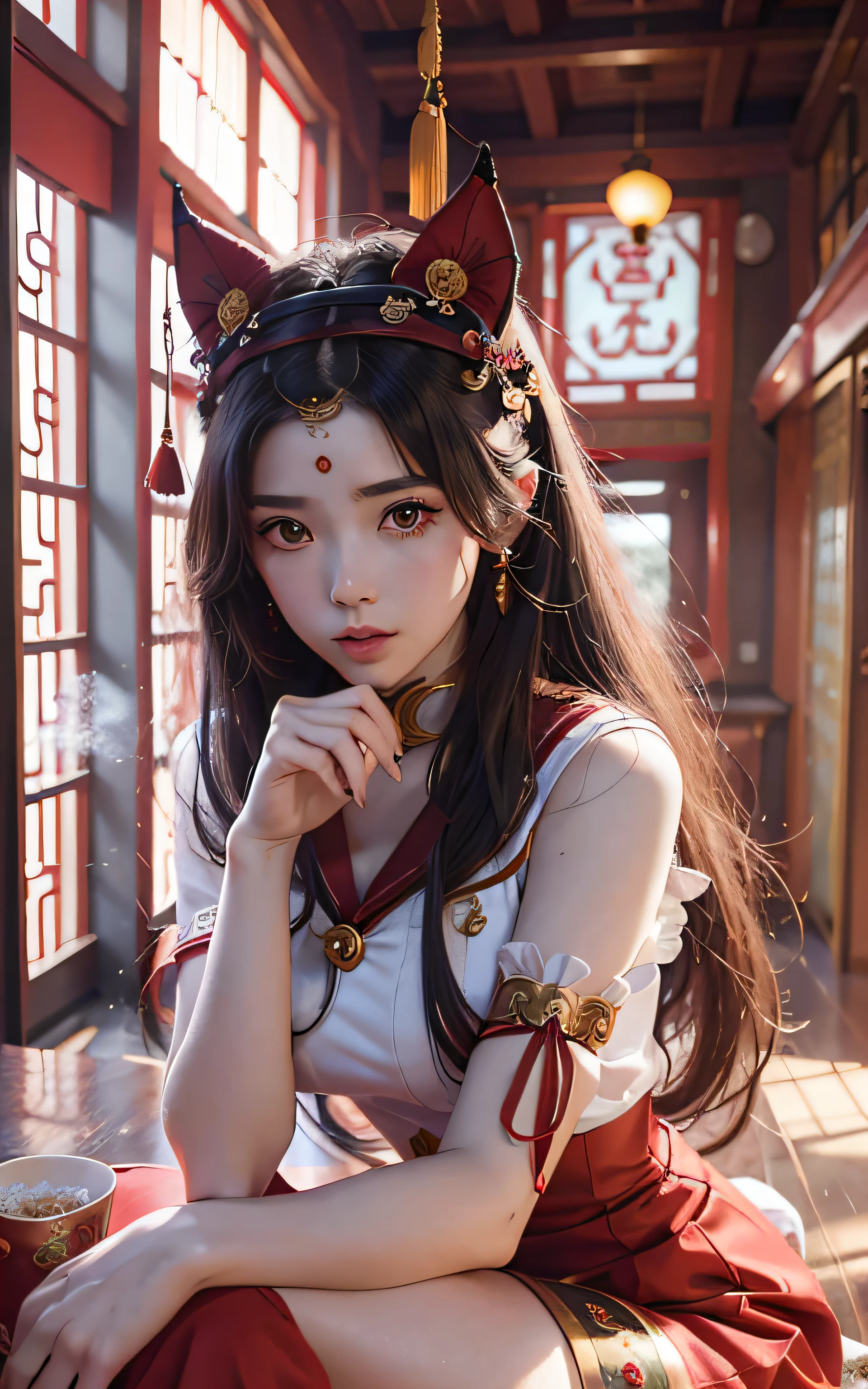 Beautiful woman in red sailor costume, exorcism charm, sitting in Chinese temple, dragon winding around, anime girl cosplay, cosplay pictures, anime cosplay, sailor moon style, realistic style, cinema machine shooting, 8K RAW, movie light effects, seductive anime girl, beautiful and seductive anime woman, anime goddess