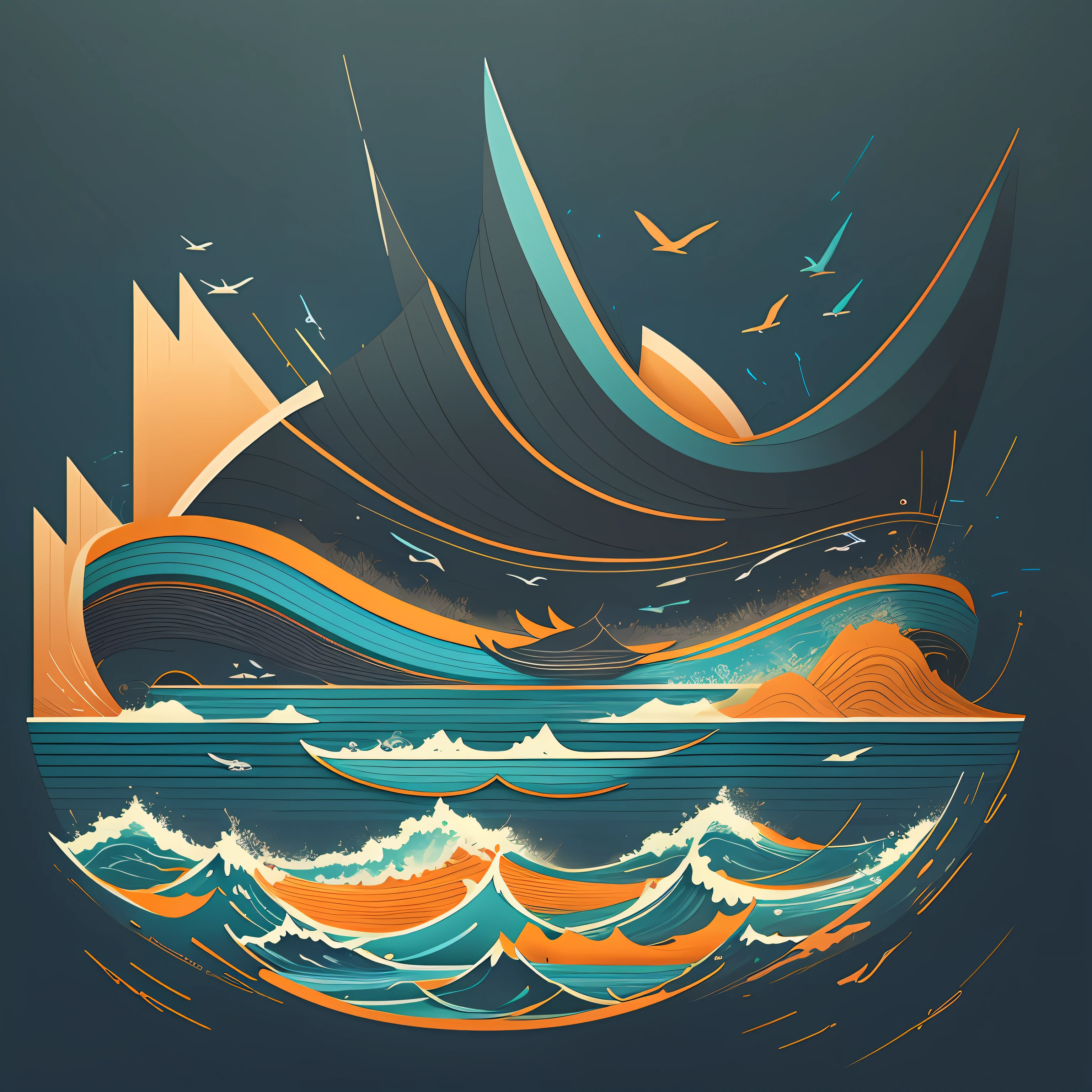 Logo with Harbour Bay Mouth text, Wave Line Art Logo, Black and Dark Blue Background, Bright Blue, Bright Orange, Minimum and Pure — Whale, Extremely Minimalist --auto --s2