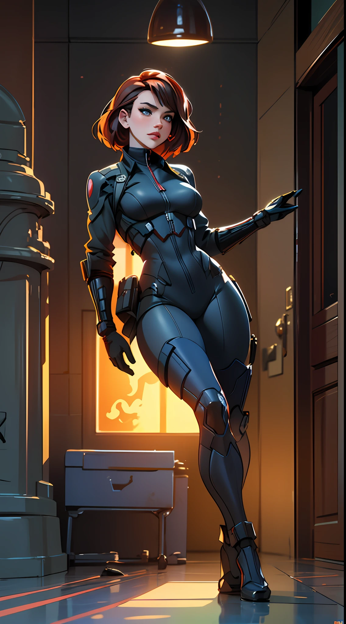 Scarlett Johansson as a black widow from the Marvel universe, in an urban environment, super detailed, super detailed black widow costume, high-quality face study, full body, super quality for competition, (perfect body: 1.1), (short wavy hair: 1.2), whole body, casual pose, beautiful pose, (extremely detailed CG 8k wallpaper), (extremely delicate and beautiful), (masterpiece), (best quality: 1.0), (ultra-high resolution:  1.0), beautiful lighting, perfect lighting, realistic shadows, [high resolution], detailed skin, super detailed (((colorful))), Digital art, Metal Gear Solid concept art, Full Body concept art, Expert concept art with high detail, Concept art such as Ernest Halimov, FPS game concept art, Concept art, Craig Mullins style, Video game concept art, 8k