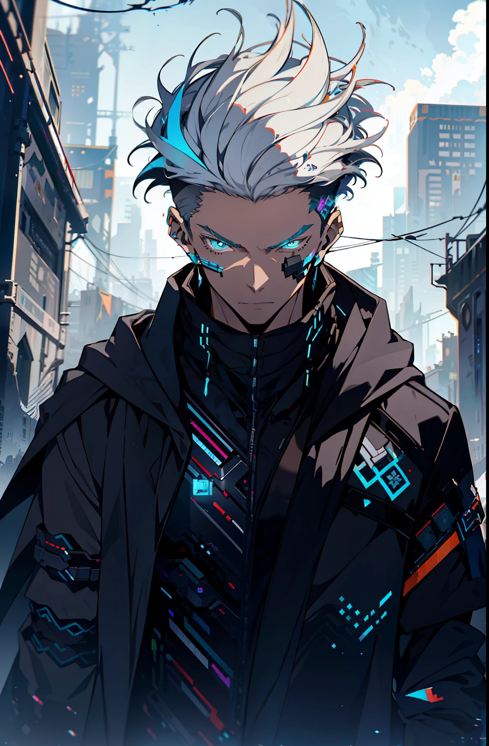 Cyberpunk male, fantasy world, dark background, clean design, epic instagram, artstation, colorful paint splatter, silhouette, hyper detailed intricate details, unreal engine, fantasy, intricate details, splash screen, complementary colors, Fantasy concept art, 8k resolution, deviantart masterpiece, oil painting, heavy strokes, paint dripping, (isolated on white background: 1.3), rainbow skin, (((handsome young man))), ((teenage:1.5) ), (glowing blue eyes), ((light eyes)), ((((short white hair: 1.1))), ((black clothes)), (prince\\(indifferent expression\\),, ( ((Wears high detail luxurious black robe))), white hair, frost magic, ((chest) --v 6