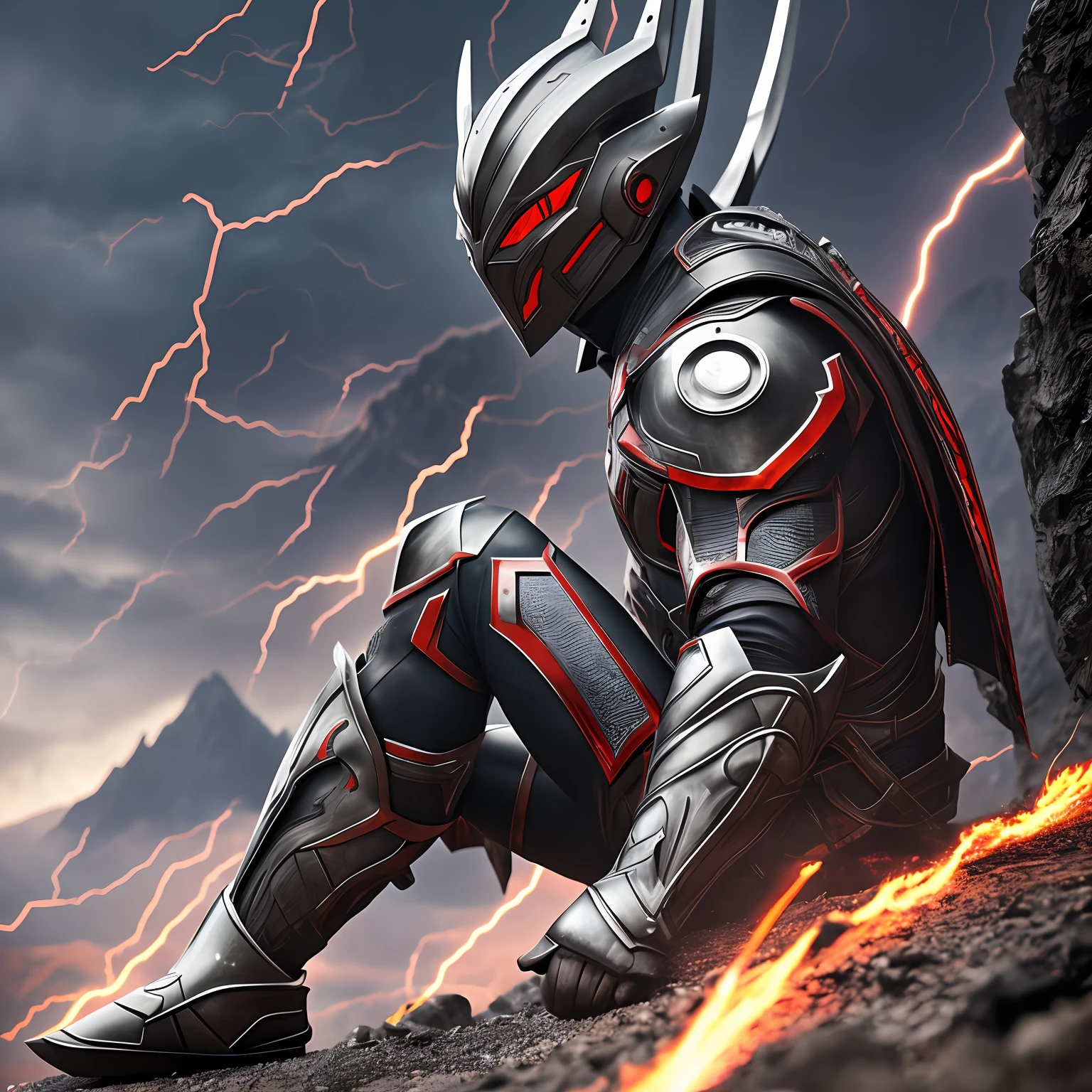 Ultraman, pitch black, black armor, eyes full of coldness and violence, hyper-detailed, ultra-realistic, summoning mask, octane rendering, 16k, background in the mountains, (sitting on the mountains), at night, lightning and thunder, awe and scale --auto --s2