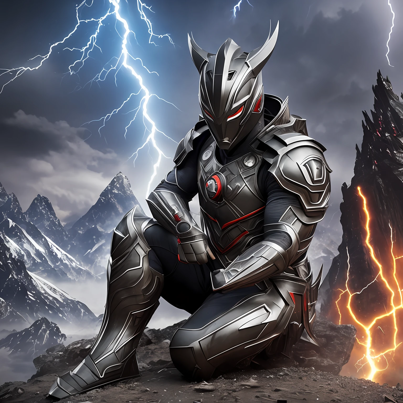 Ultraman, pitch black, black armor, eyes full of coldness and violence, hyper-detailed, ultra-realistic, summoning mask, octane rendering, 16k, background in the mountains, (sitting on the mountains), at night, lightning and thunder, awe and scale --auto --s2