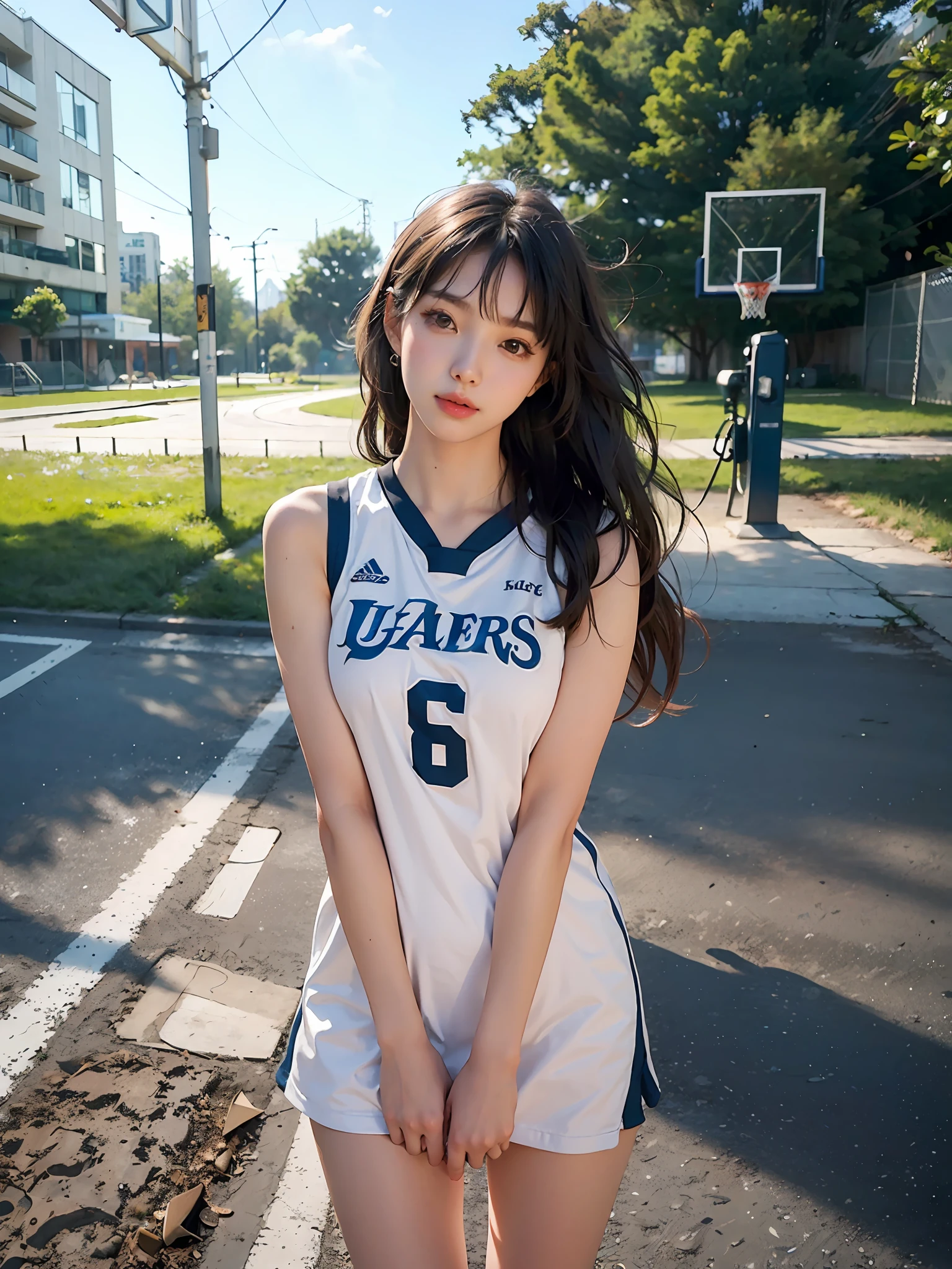 (8k, best quality, masterpiece:1.2), (realistic, photo-realistic:1.37), ultra-detailed,best quality, ultra high res, professional lighting, photon mapping, radiosity, physically-based rendering, cinematic lighting, basketball court,depth of field, sharp focus,sunbeam, good composition,(bokeh:1.2) 1girl,solo,(full body), (closed mouth),beautiful detailed eyes, pose, narrow waist,basketball uniform, black hair,messy hair,long hair floating in wind,(ulzzang-6500:1.2)
 mix4, hiqcgbody