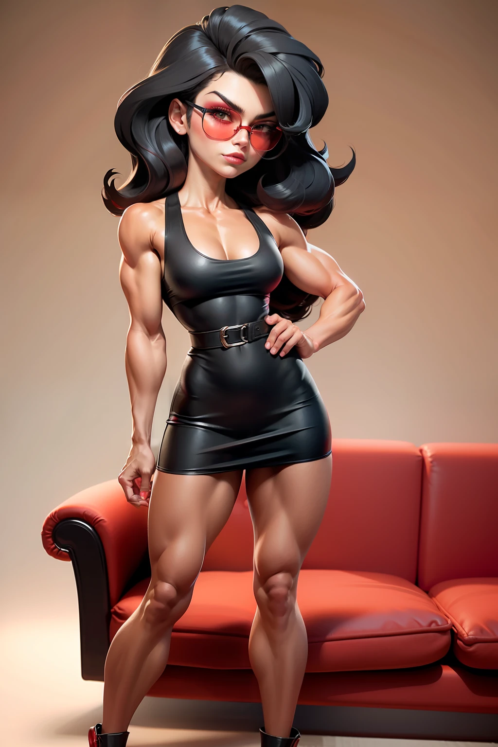 Muscle girl, wearing a short red dress, long black hair, sunglasses, sexy pose on a sofa. full body