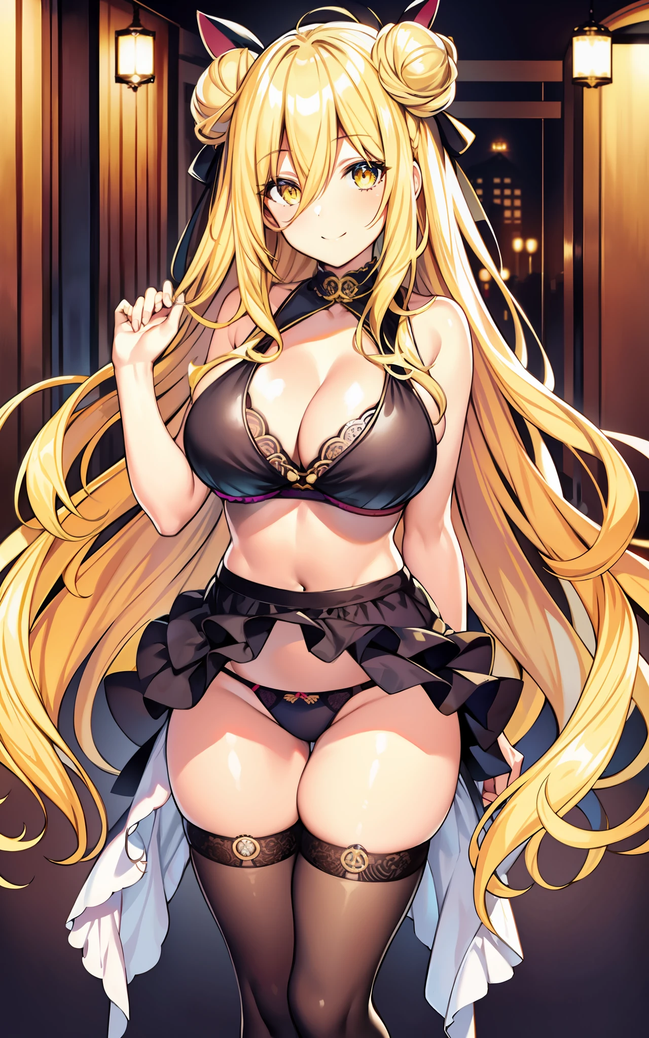 (lora:mukuro:0.6), (masterpiece:1.2), (best_quality:1.2), (large_breasts:1.2), looking at viewer, 1girl, solo, yellow_eyes, blonde_hair, double_bun, hair between eyes, very long hair, black bra, black thighhighs, thong, underwear_only, beach, smile