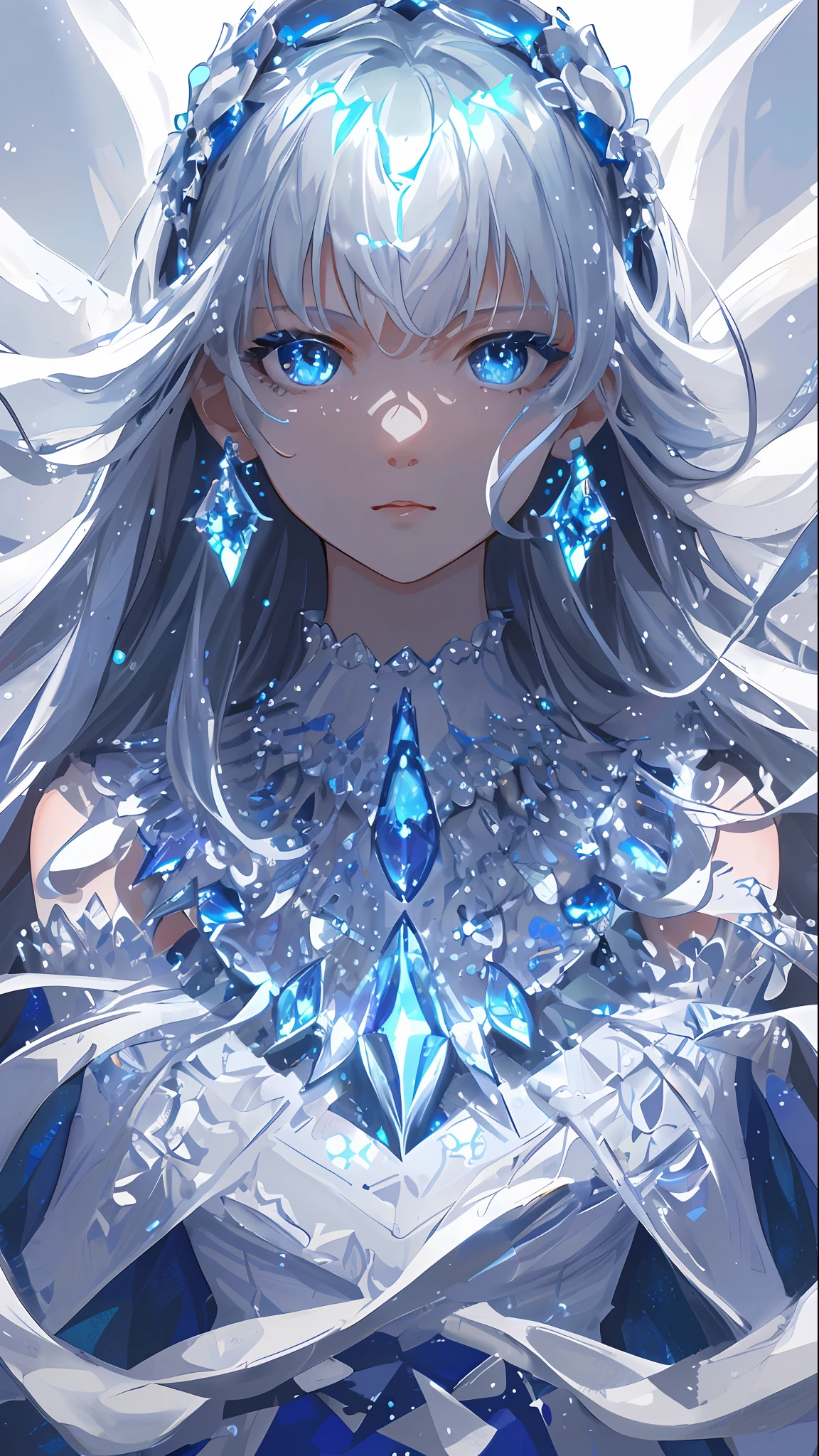 masterpiece, best quality, illustration, sax blue, platinum earrings, platinum necklace, white dress, 1girl, cute, (dynamic lighting:1.2), cinematic lighting, delicate facial features, detailed eyes, sharp pupils, realistic pupils, depth of field, bokeh, sharp focus, (hyper-detailed, bloom, glow:1.4), many small gems