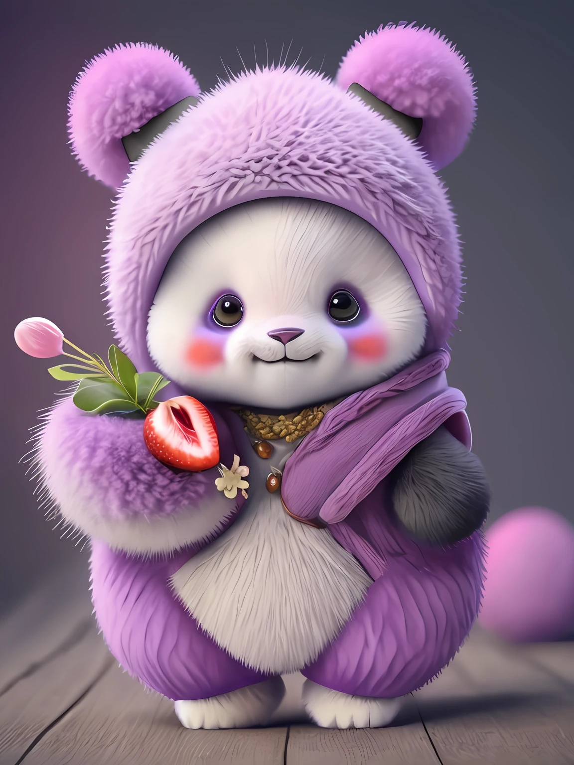Panda, realistic, furry, clothed animal, plum, dark circles, blush, blueberry, food, fruit, full body, hat, non-human, strawberry, tomato, mango --auto --s2