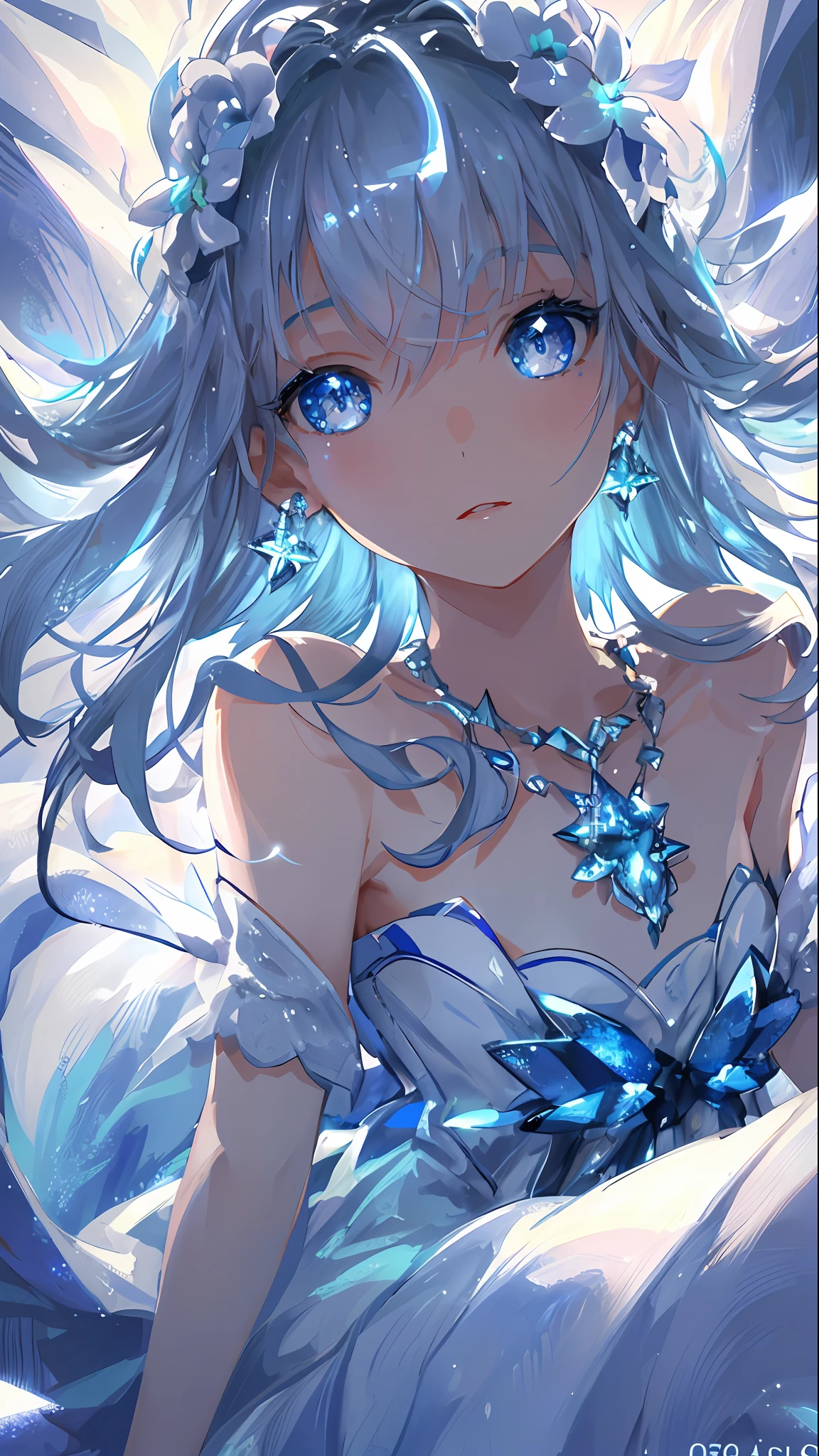 masterpiece, best quality, illustration, sax blue, platinum earrings, platinum necklace, white dress, 1girl, cute, (dynamic lighting:1.2), cinematic lighting, delicate facial features, detailed eyes, sharp pupils, realistic pupils, depth of field, bokeh, sharp focus, (hyper-detailed, bloom, glow:1.4), many small gems