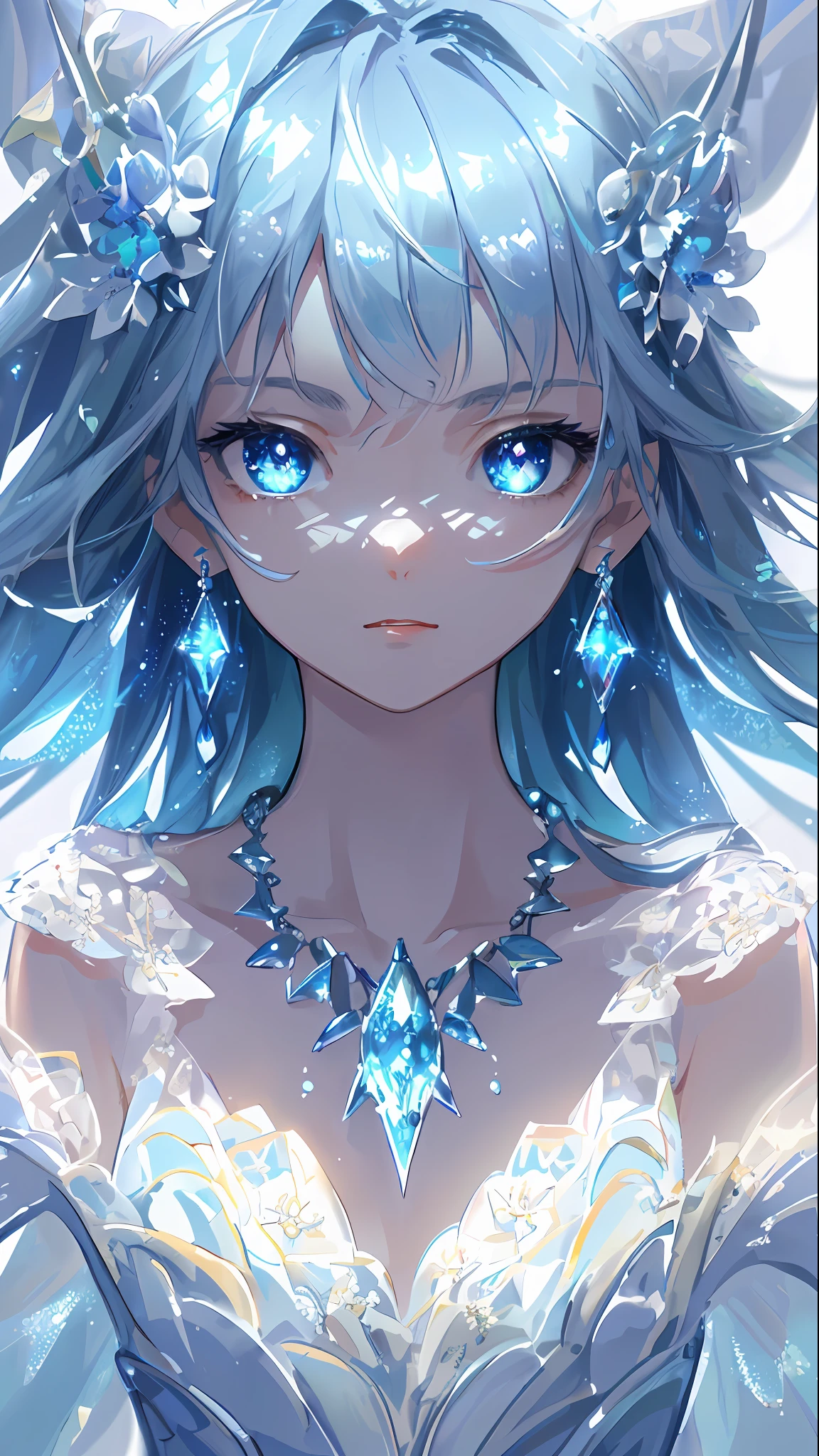 masterpiece, best quality, illustration, sax blue, platinum earrings, platinum necklace, white dress, 1girl, cute, (dynamic lighting:1.2), cinematic lighting, delicate facial features, detailed eyes, sharp pupils, realistic pupils, depth of field, bokeh, sharp focus, (hyper-detailed, bloom, glow:1.4), many small gems