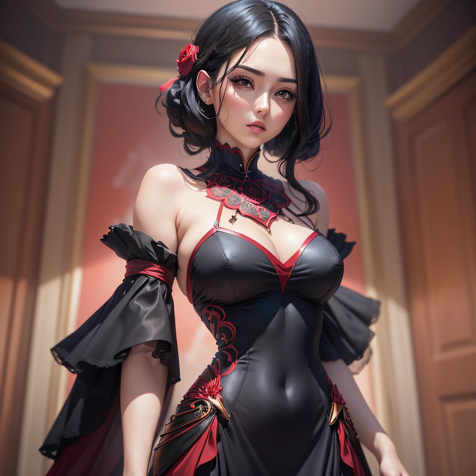 (ultra-realistic anime photography, full-body portrait, stunning 25-year-old woman elegantly styled with black hair, adorned in a breathtaking crimson blue dress, highly detailed features) --auto --s2