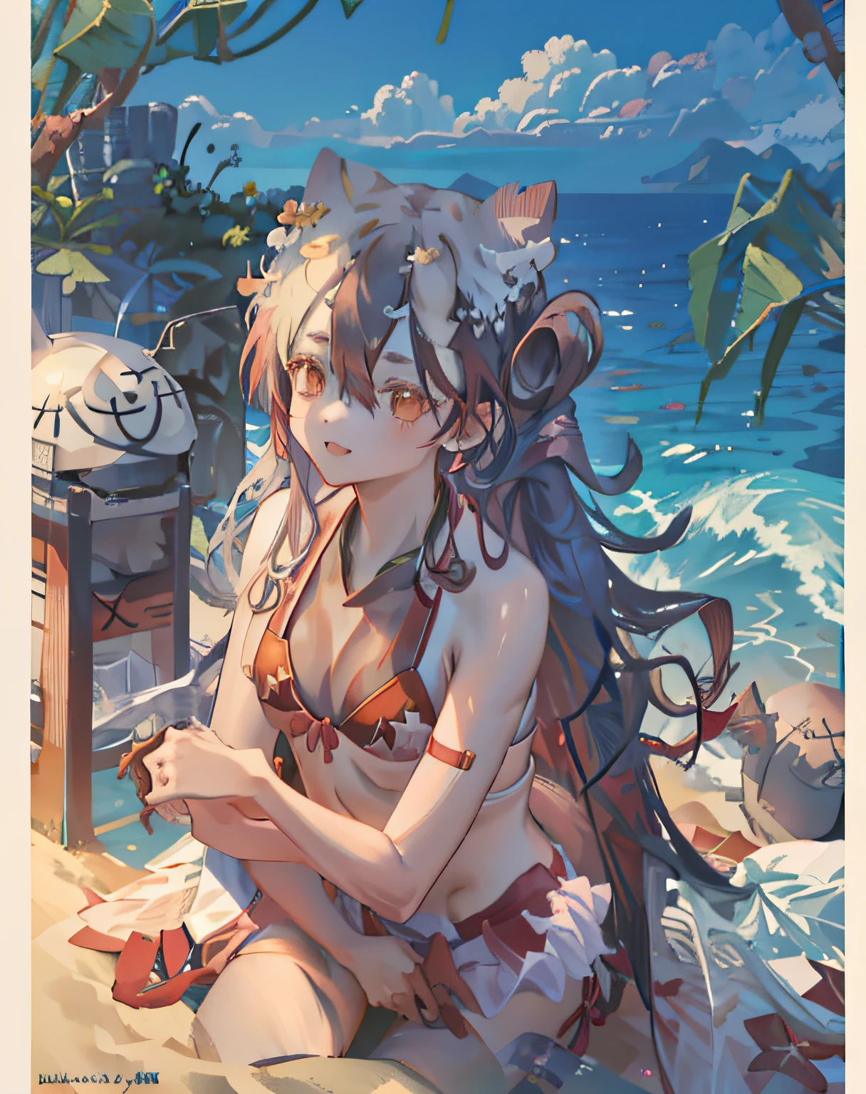 1girl,mikoshichiyo, ((solo)),(bikini:1.5),cleavage, sarong,sea,sand,blue_sky,water,light smile,
