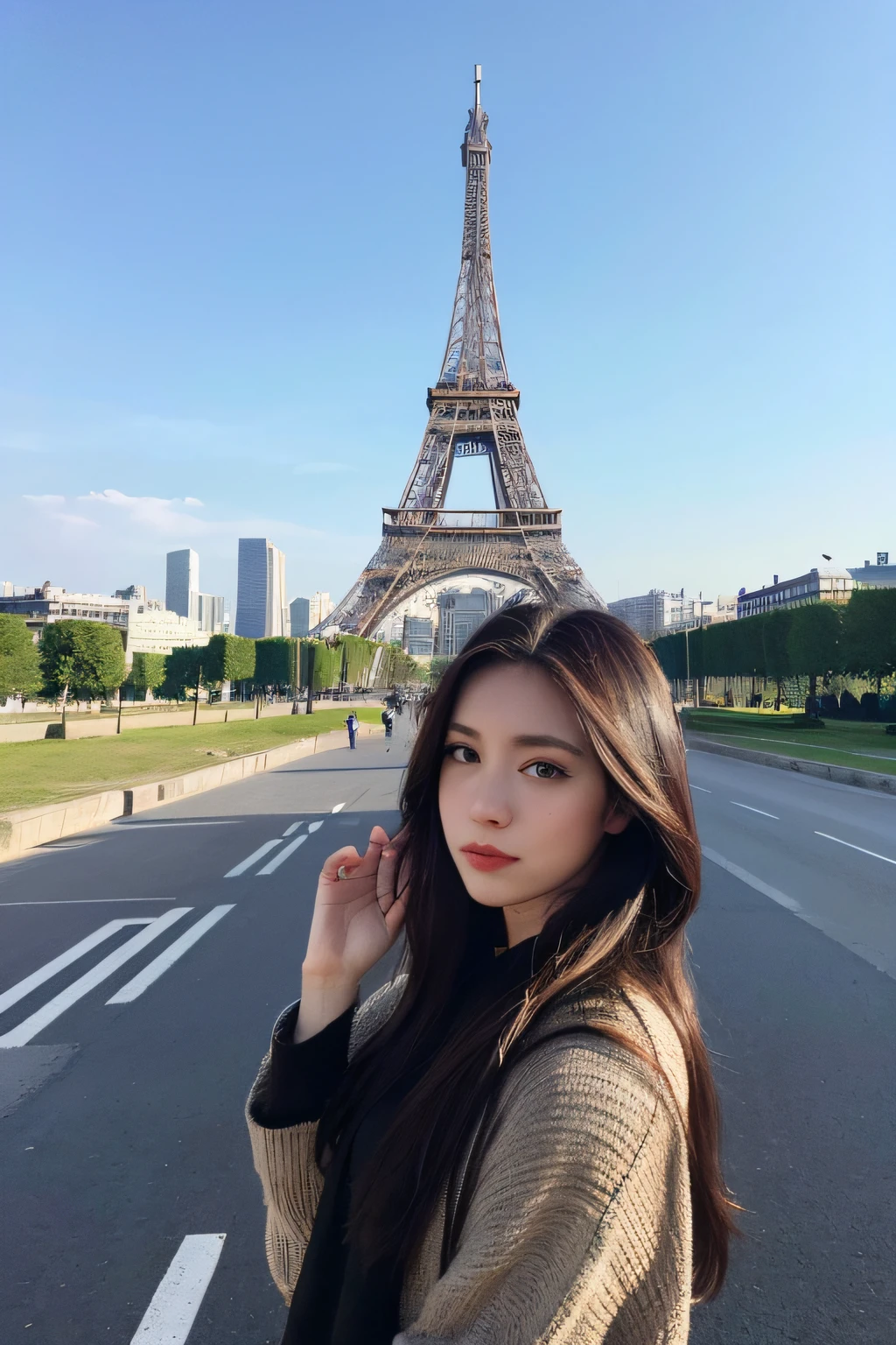 a close-up of a city with a large building and ((( the real Effeil tower in the background in the center))), inspired by Liam Wong, cyberpunk art style, lofi art, in the style of Laurie Greasley, neo tokyo background, inspired by Kilian Eng, by Kilian Eng, art deco outrun anime aesthestic, cyberpunk illustration, cyberpunk themed art, jen bartel,  Art by Alena Aenami