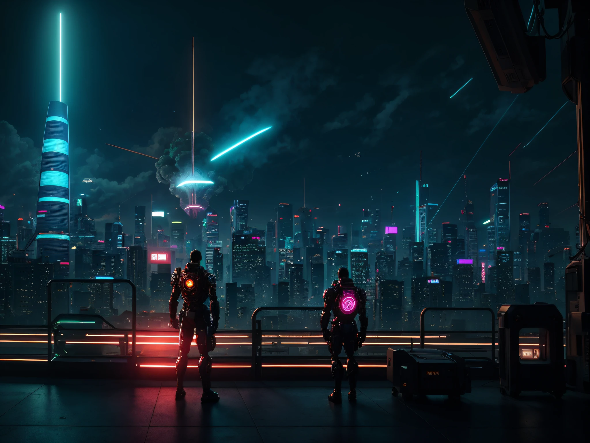 Visualize a chaotic and exciting scene of a cyberpunk future. In the foreground, a humanoid robot with an advanced design is in focus, with a close-up on its expressive face. Around him, flying cars crisscross the sky, and bright explosions illuminate the scene. The city in the background is a tangle of futuristic skyscrapers and pulsating hologram screens. The image is hyper-realistic, with a meticulous attention to detail. The lighting is intense and varied, with vibrant neon colors. The composition is done with a high-resolution camera, with a telephoto lens, capturing the robot's face in stunning detail. --Air 16:9 --V 5.1 --Style Raw --Q 2 --s 750