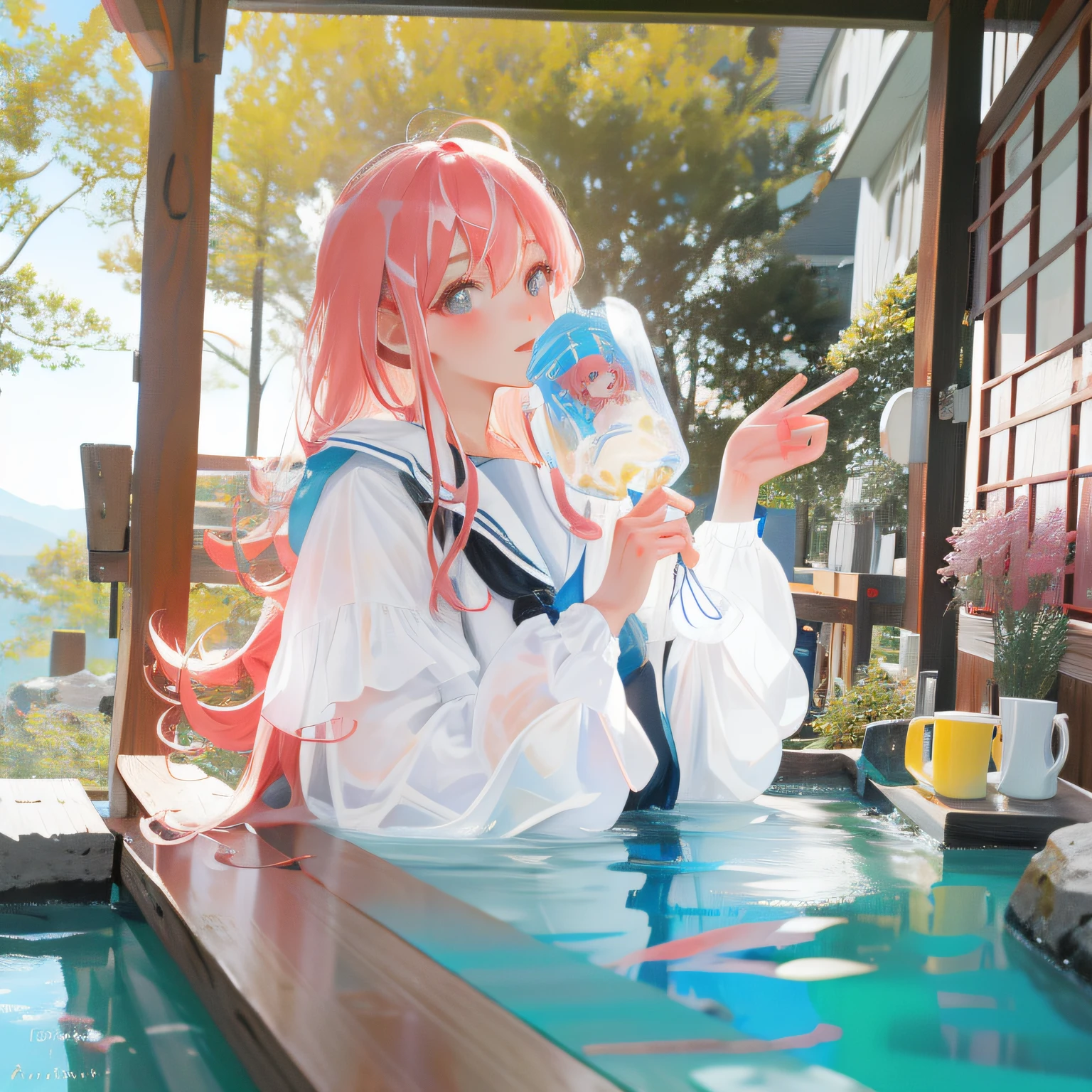 (8k, 4k, best quality, highres:1.2), (maasterpiece, realistic, photo realistic:1.37), 1girl, solo, beautiful face, eyelashes, nose, glossy lips, (detailed eyes, looking at viewer, fair skin, white skin:1.2), fine complexion, upper body,
outdoor onsen,
two side up, absurdly long hair, blonde hair, pink hair, bangs,
younger, aged down,