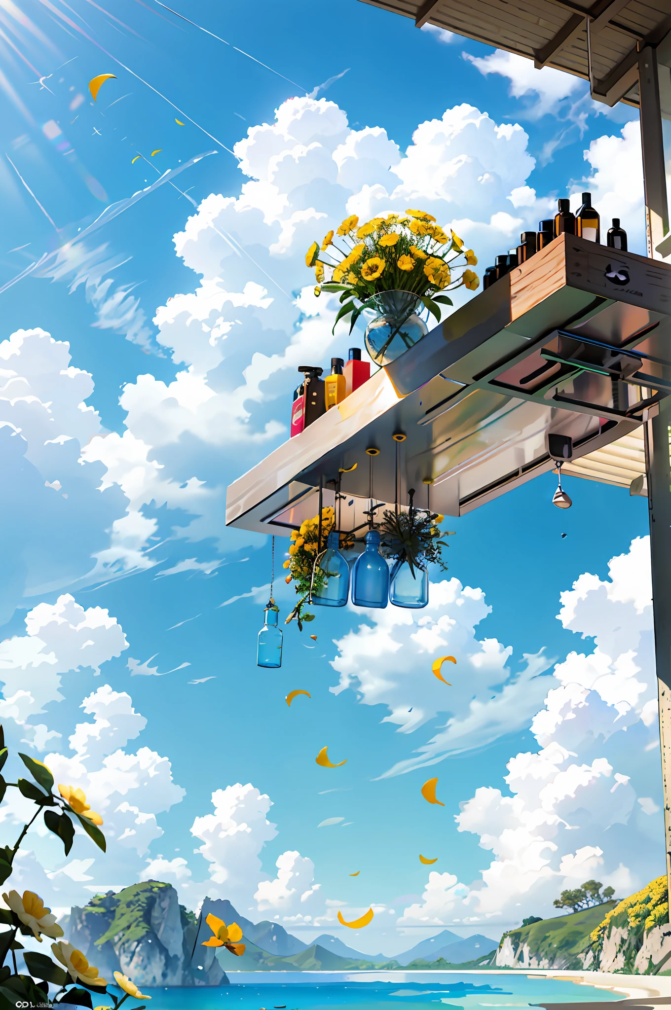 Hyper realistic scene, cosmetic bottle surrounded by yellow flowers, blue sky background, water, sunlight, low angle view, blender, product rendering, HD 8K. --v6