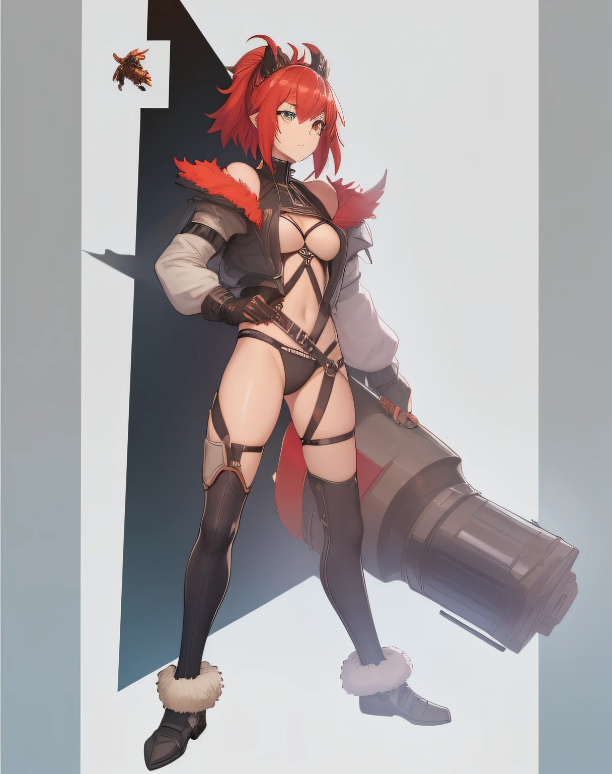 Fire horns, cyberpunk, armor in the style of Horizon Zero Dawn, Red-haired girl, fiery, green eyes, pigtails, a wreath of fire horns on her head, barbarian, a huge techno cannon in her hands, a huntress, bones on the body, insect plates, chitin, fur, small bones, light bones and red fur on the shoulders, dark leather stockings made of strips of cut leather on the legs, ropes and light bones on the body, thin panties, a small bra made of bones, bright red hair, jewelry made of horns, a fur gun. Instead of underpants, rope, bones and chitin, fur shoulder pads and with chitin, a tail of hair on the back of the head, a short haircut, a bionic cannon in the form of the mouth of a wolf, shark, dragon look up. The girl has green eyes, a playful look, a good-natured smile, a neat nose, tight panties, tight thongs, mini-underwear, leaky underwear, torn fabrics, a lot of torn fabrics, a lot of holes in fabrics, a cannon with a monster's head, a cannon barrel in the form of a monster, a flame bursts out of her mouth, a portal in a cannon. The girl has short hair, a ponytail at the back is short and looks up, fur shoulder pads, a jacket on the shoulders, a torn bra, the pubis is open, diagonal straps all over the body, powerful energy escapes from the open toothy mouth of a cannon, a bird's skull on a girl's belly, tattoos, vertebrae on the edges of stockings, cyberpunk, ethnic style of clothing, vintage clothes, worn, prehistoric style, prehistoric jacket, elbow pads made of insects, chitinous cannon, bionic cannon, torn jacket sleeves, chitinous plates on the jacket, flame flashes, cyberpunk, the whole cyberpunk style, a lot of technology, technologies of the future, futurism, science fiction, fantasy, wildness, sexuality, emphasized eroticism, cold lighting, flames from everywhere, a lot of fire, bones on the shoulders, small details on the shoulders, a skull on the belt, the girl has curly hair, tattoos on her face, maximum nudity, diagonals, caveman, prehistoric image,