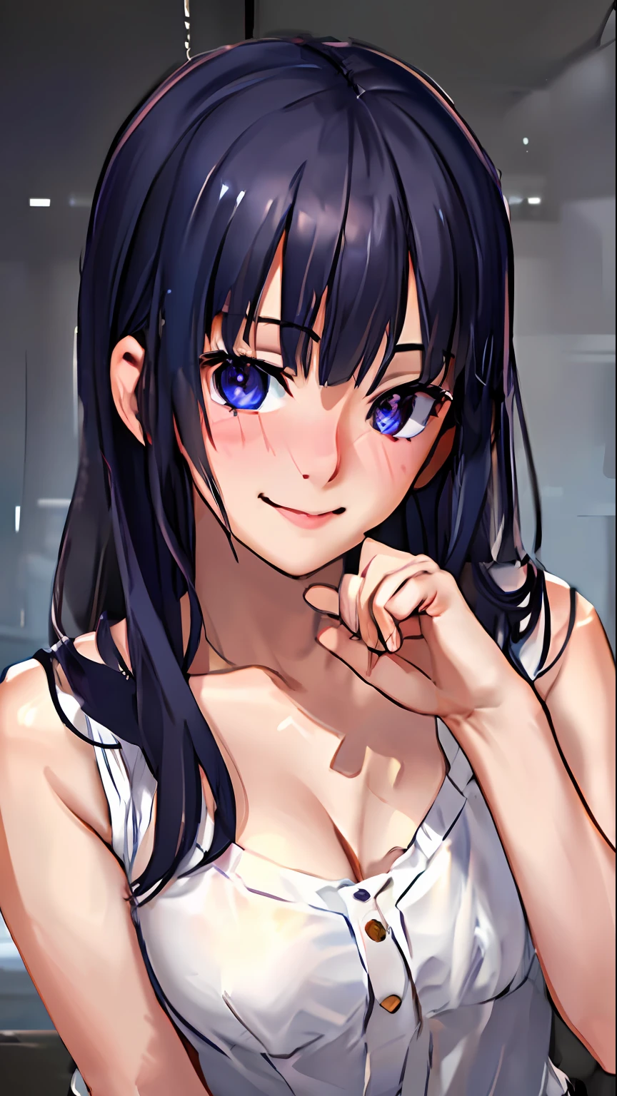 (8k, best quality, masterpiece:1.2), (realistic, photo-realistic:1.37), ultra-detailed, 1 girl,cute, solo,beautiful detailed sky,detailed office,night,sitting,(nose blush),(smile:1.15),(closed mouth) , medium breasts,beautiful detailed eyes,(collared shirt:1.1), night, wet,business attire, rain, (short hair:1.2), pureerosface_v1, computer, detail finger, beautiful detailed face,