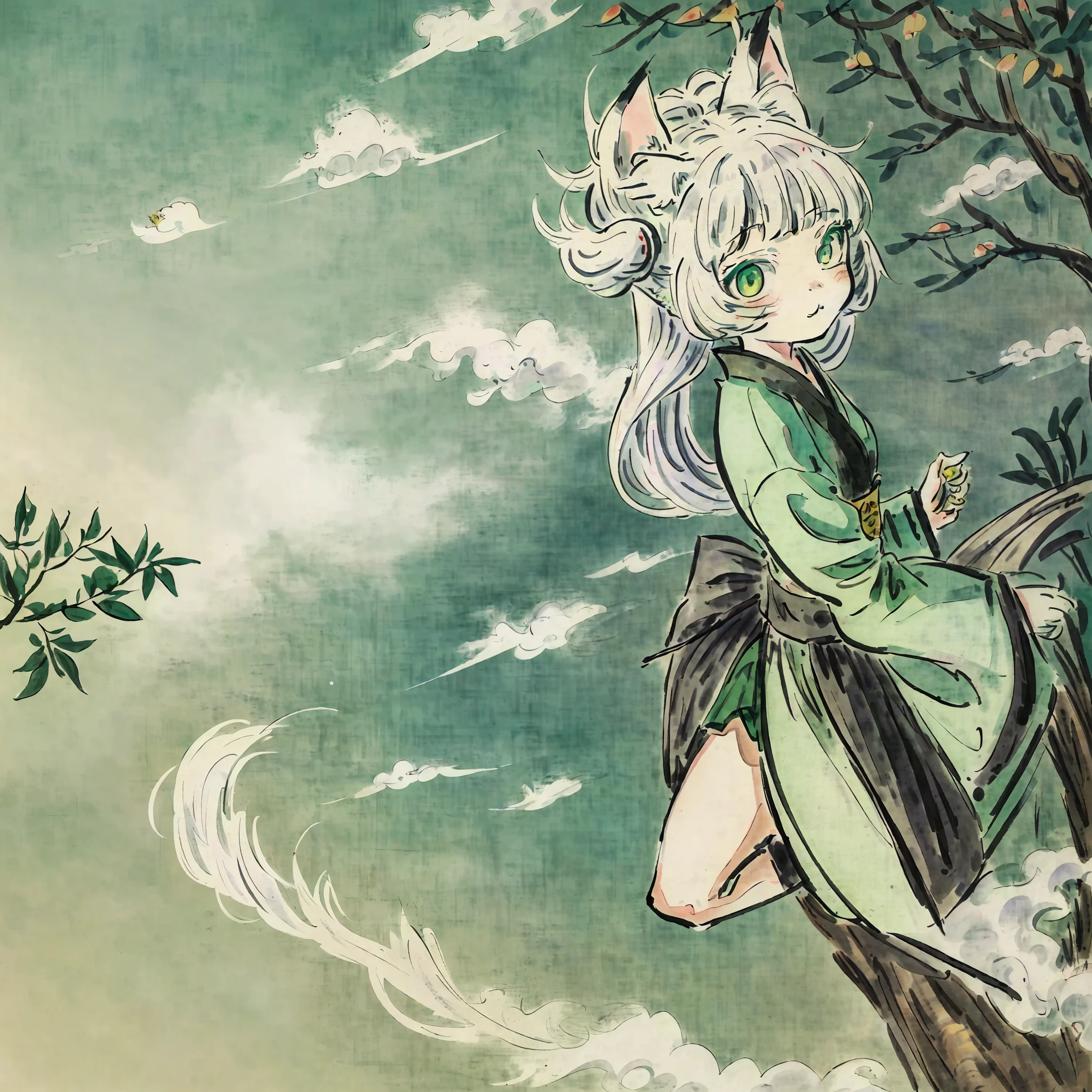 cartoon drawing of a girl with white hair and green ears, an anime drawing by Puru, pixiv, mingei, nyaruko-san, nekomimi, neferpitou, anime catgirl, cute anime catgirl, anime girl with cat ears, anime cat, catgirl, cute!! chibi!!! catgirl, senko-san