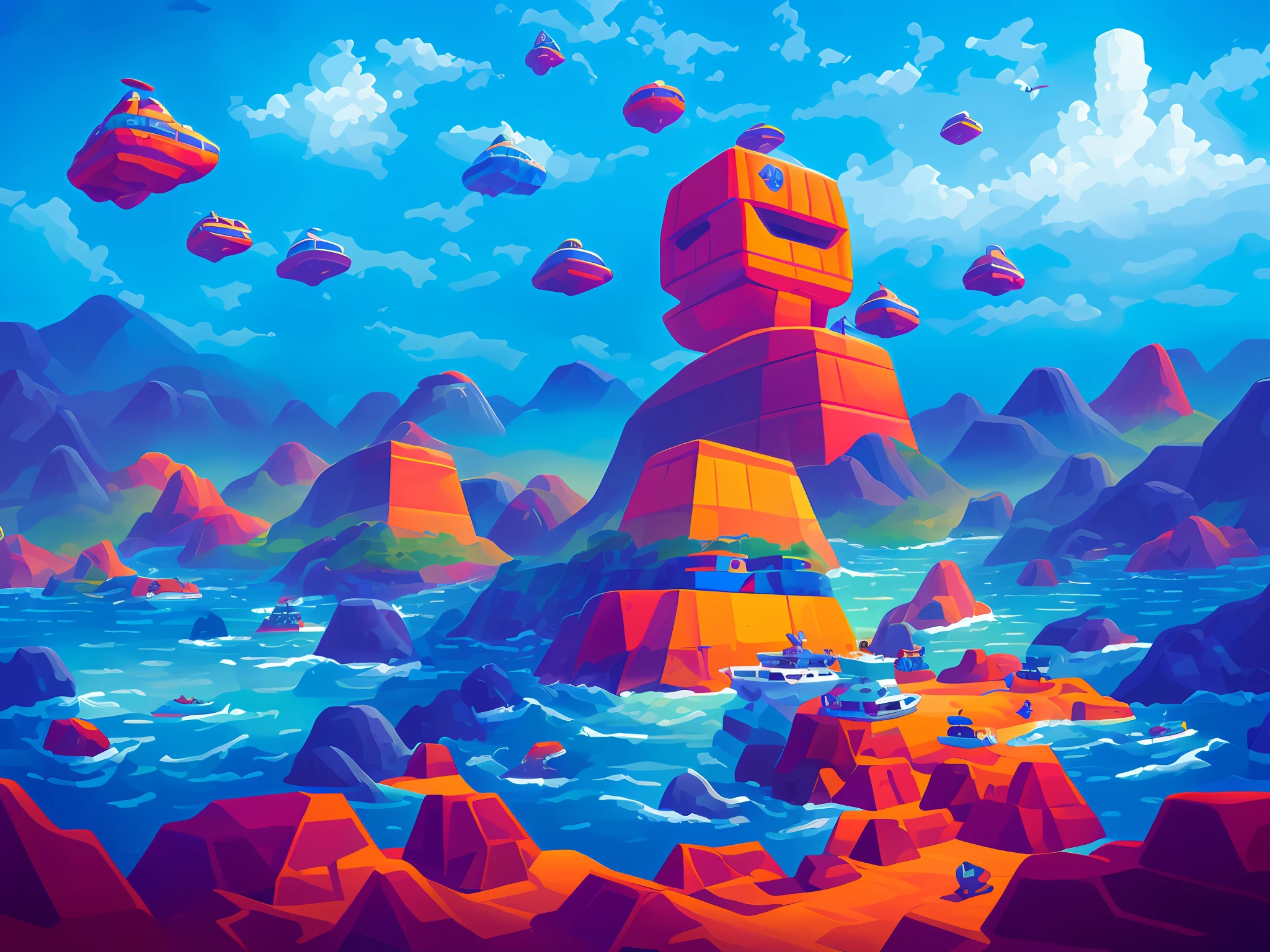 An oil painting, extremely realistic, with a pyramidal cube in a bluish sky surrounded by ships, with UFO beings around