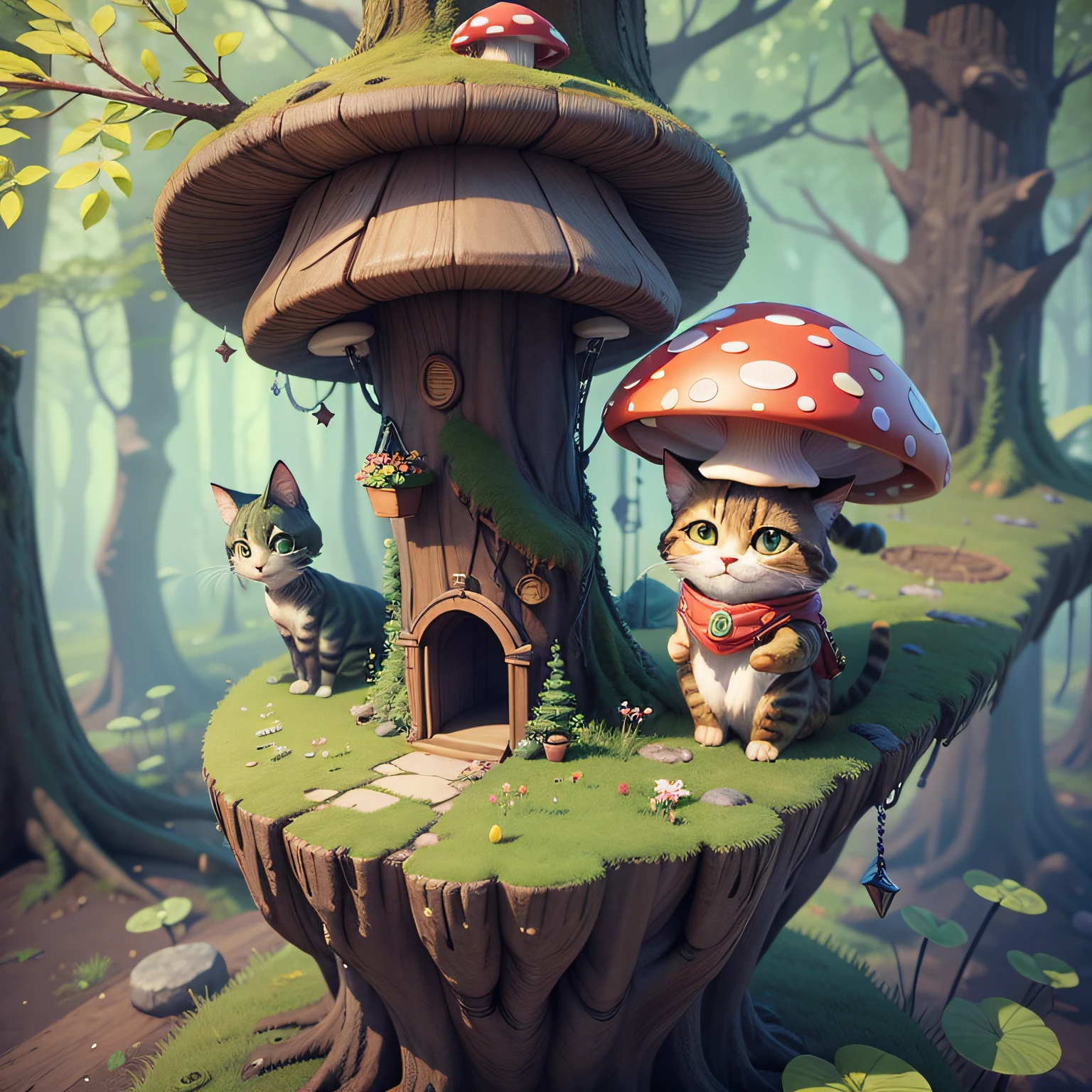 3D, fantasy, cute, cat mushroom nomad